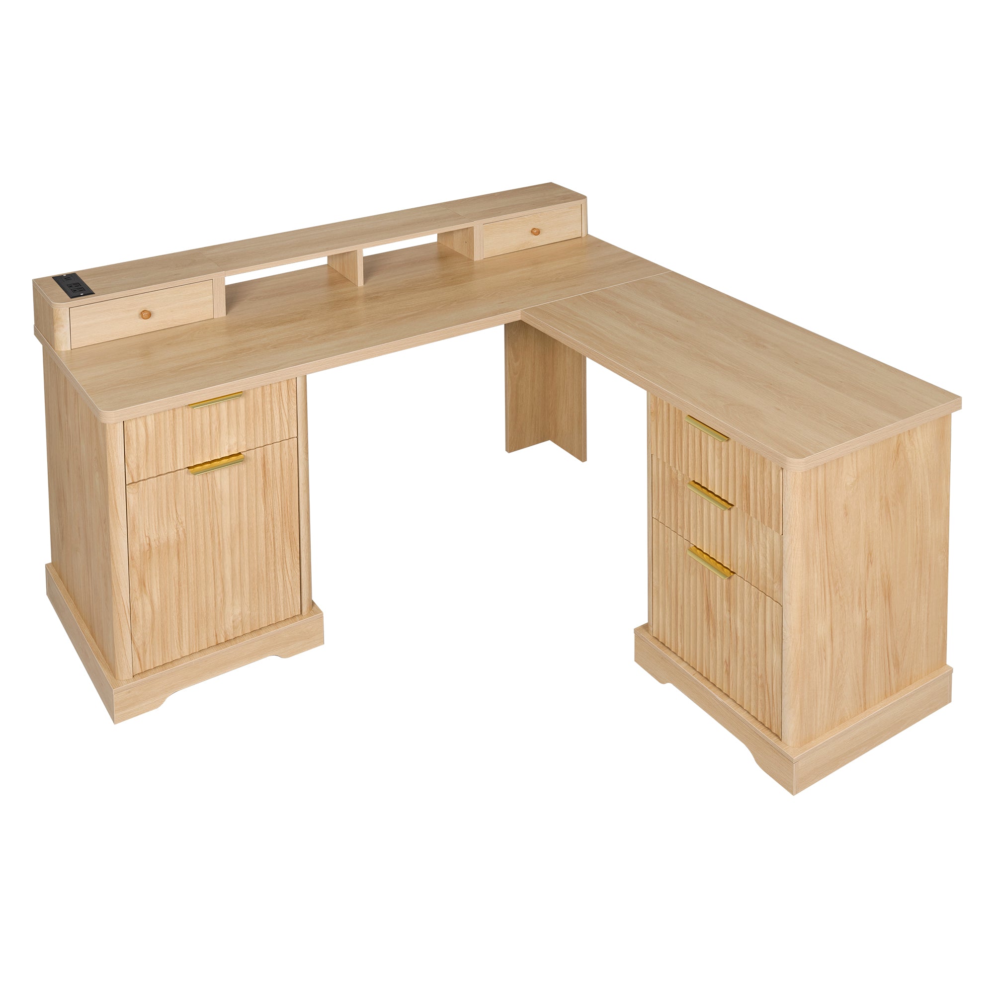 Vexon 59" Modern Fluted L-Shaped Office Desk with Storage Cabinets and Charging Station