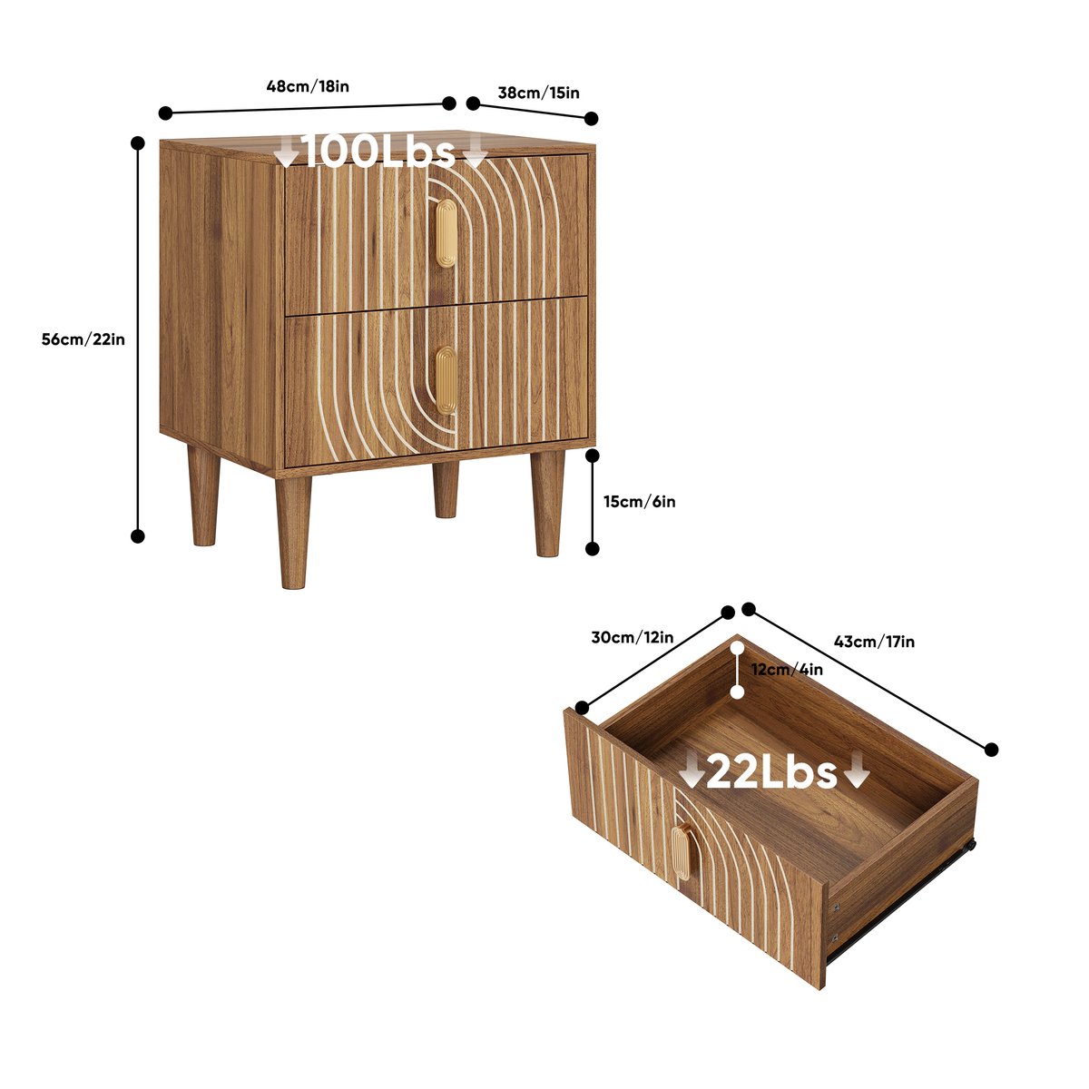 Ghent 18" 2-Drawer Nightstand with Carved Front and Solid Wood Legs