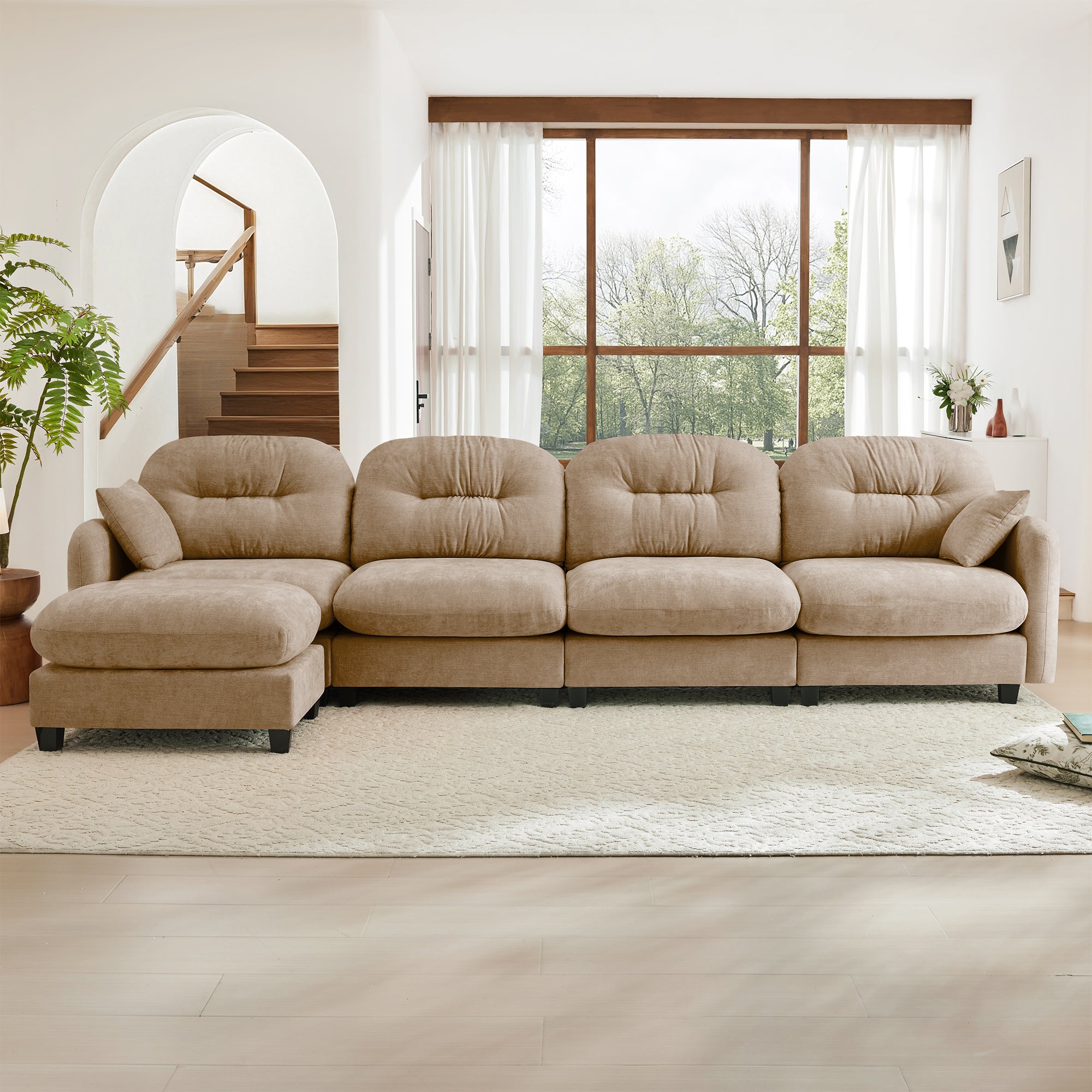 Roselyn 140" Modular Chenille Cloud L-Shaped Sectional Sofa with Ottoman and Tufted Cushion Backrest