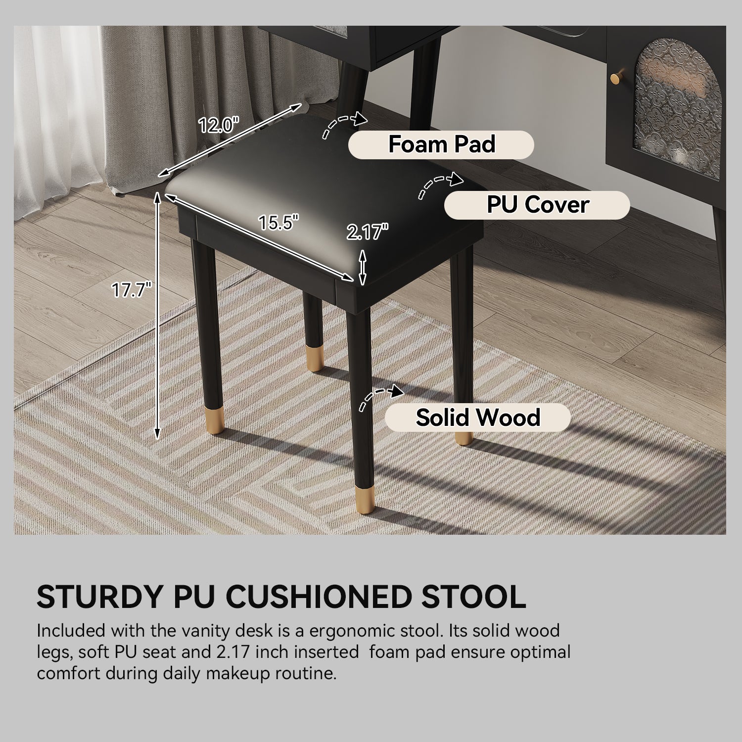 Elegant Vanity Makeup Table & Chair Set, Modern Dressing Table with Organizer, Writing Desk, Charging Port, Black