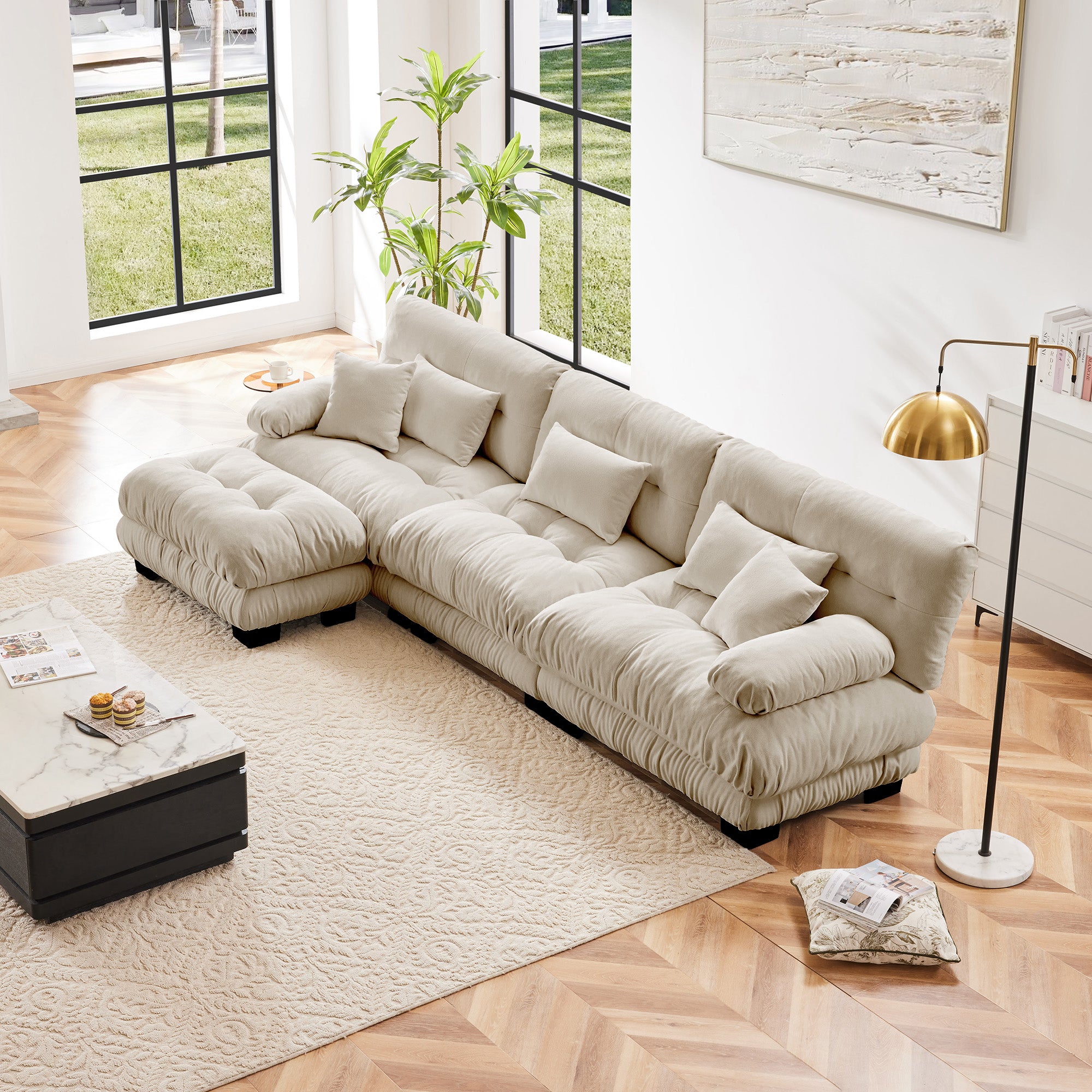 Monterey 134" Modular Chenille Cloud L-Shaped Sectional Sofa with Convertible Ottoman