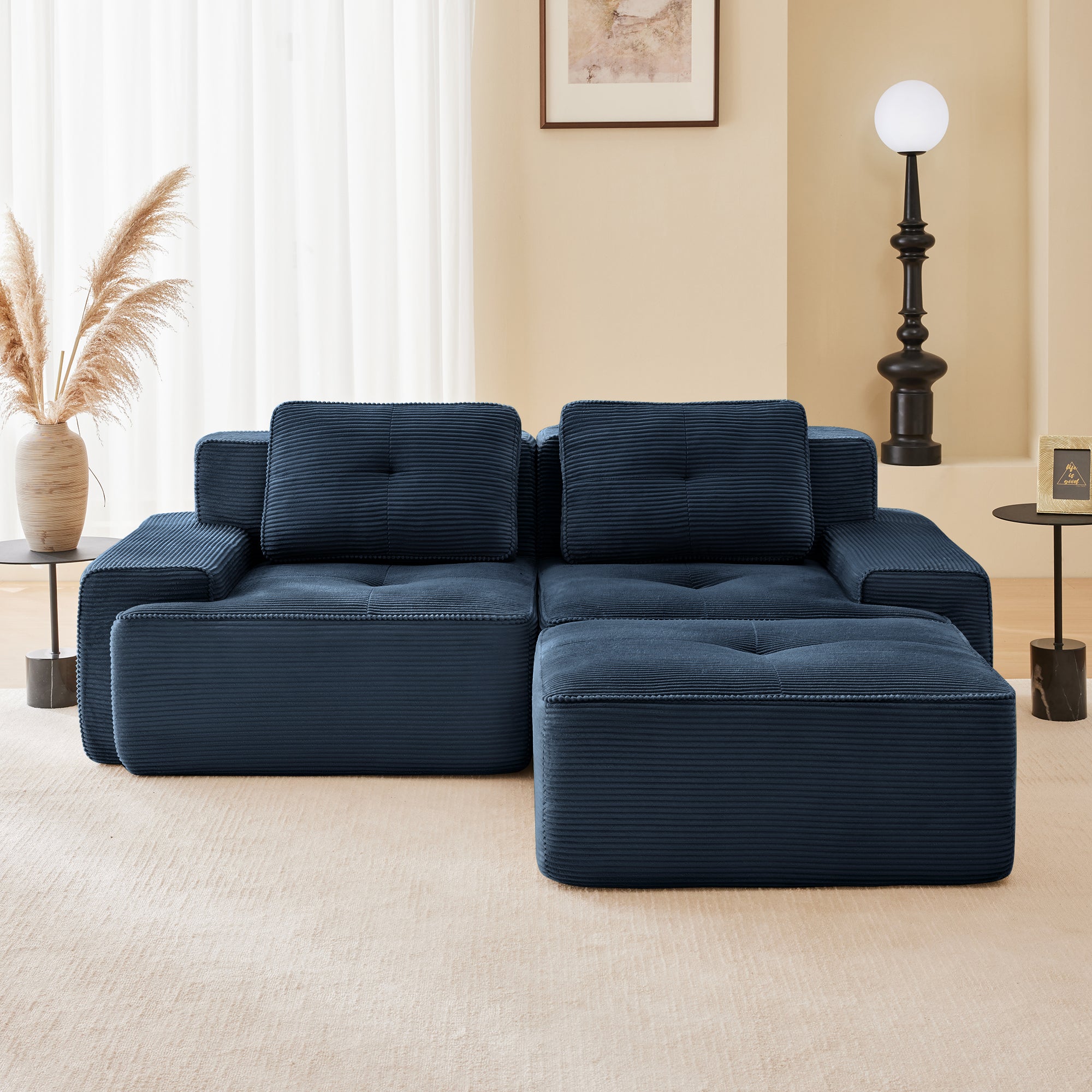 Racine 82" Modular Corduroy Fabric Loveseat Sofa with Pillows and Movable Ottoman