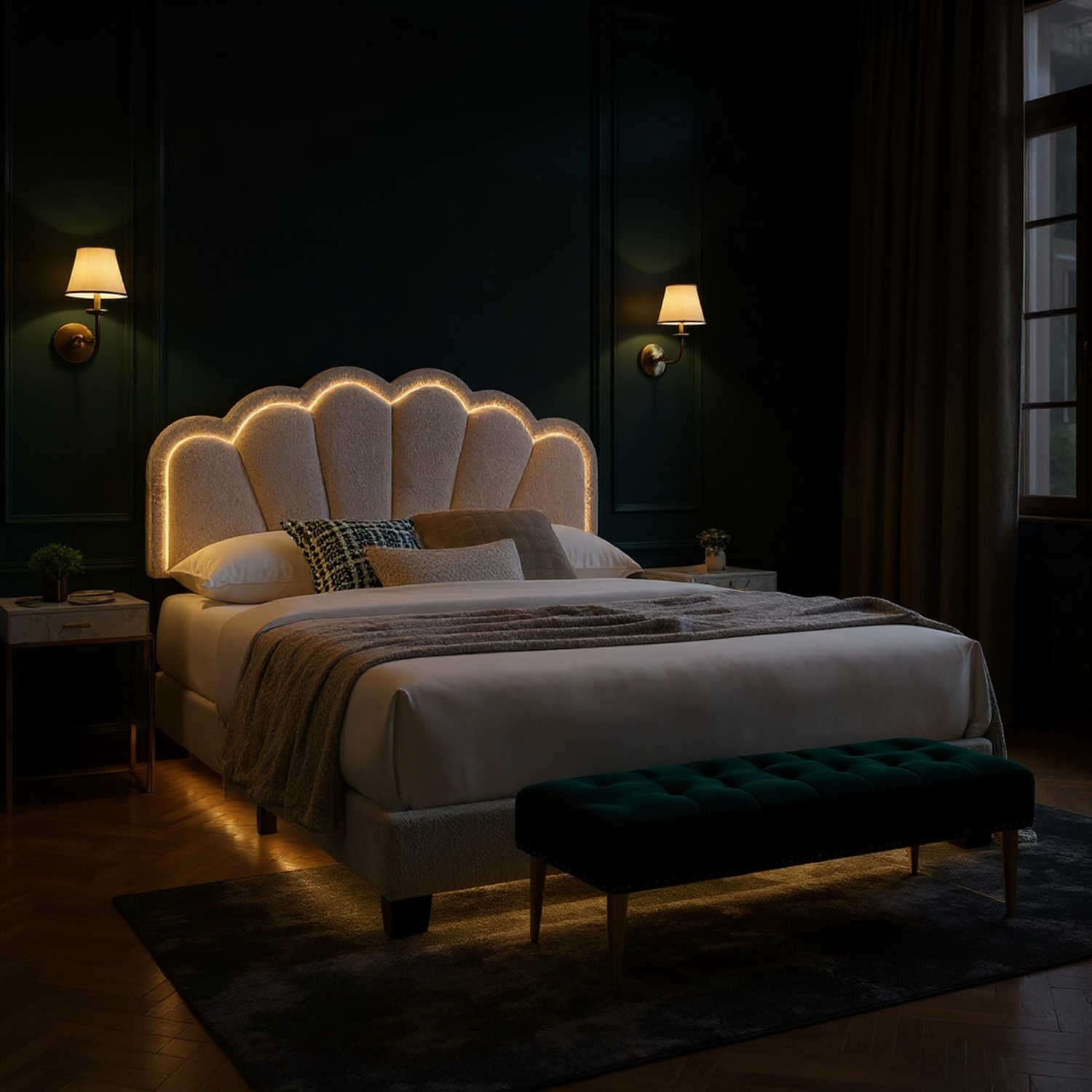 White 1pc Queen Size Bed Wool Fabric Floral Design Headboard w LED Fully Upholstered Platform Bedframe
