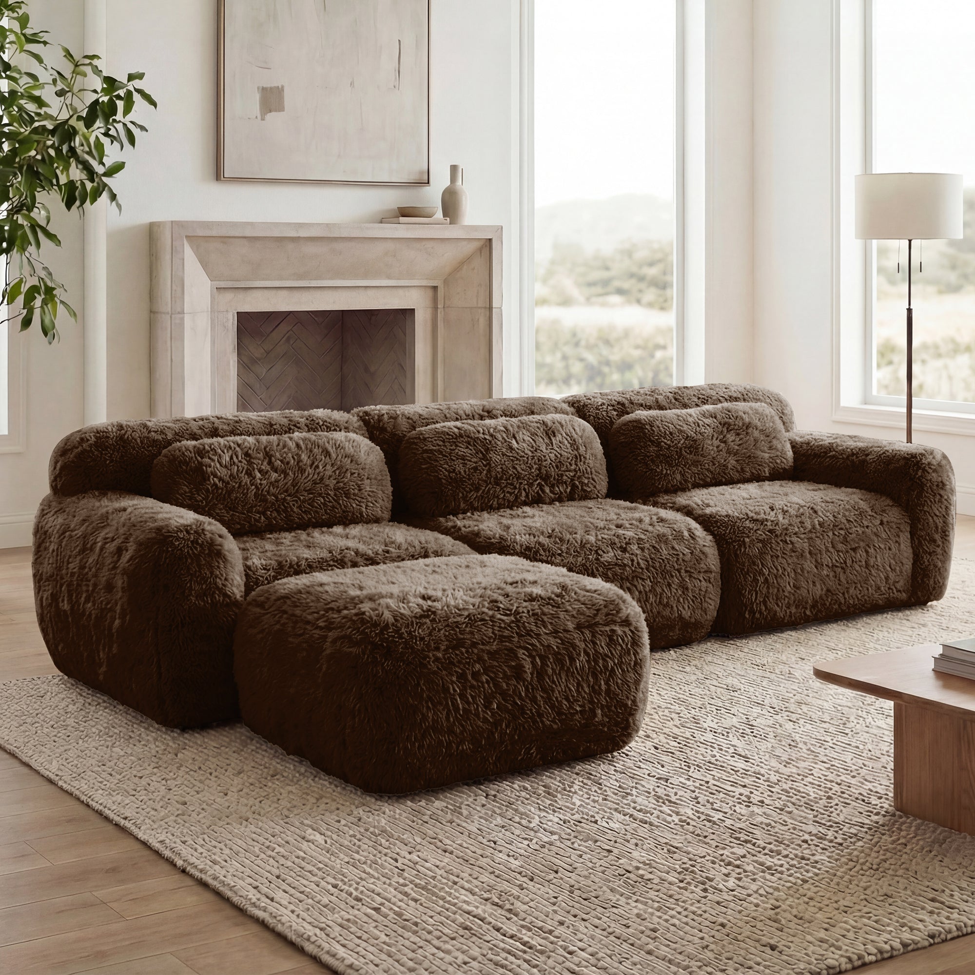 Durham 115" L-Shaped Plush Sectional Sofa with Movable Ottoman and High-Density Sponge