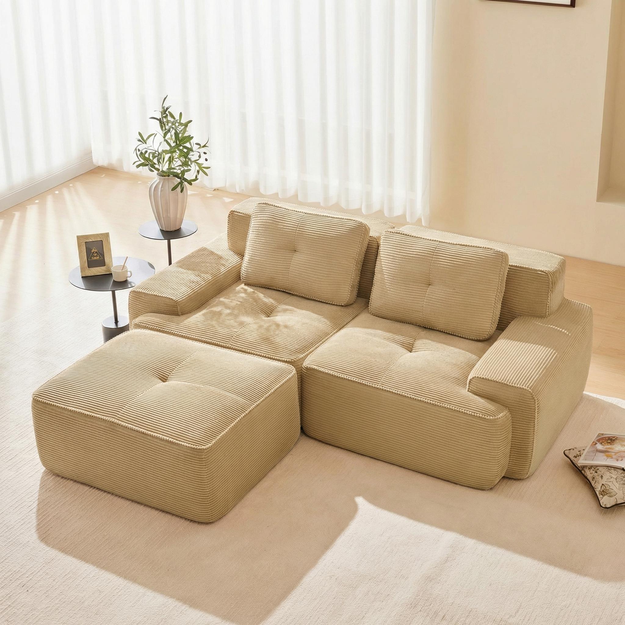 Racine 82" Modular Corduroy Fabric Loveseat Sofa with Pillows and Movable Ottoman