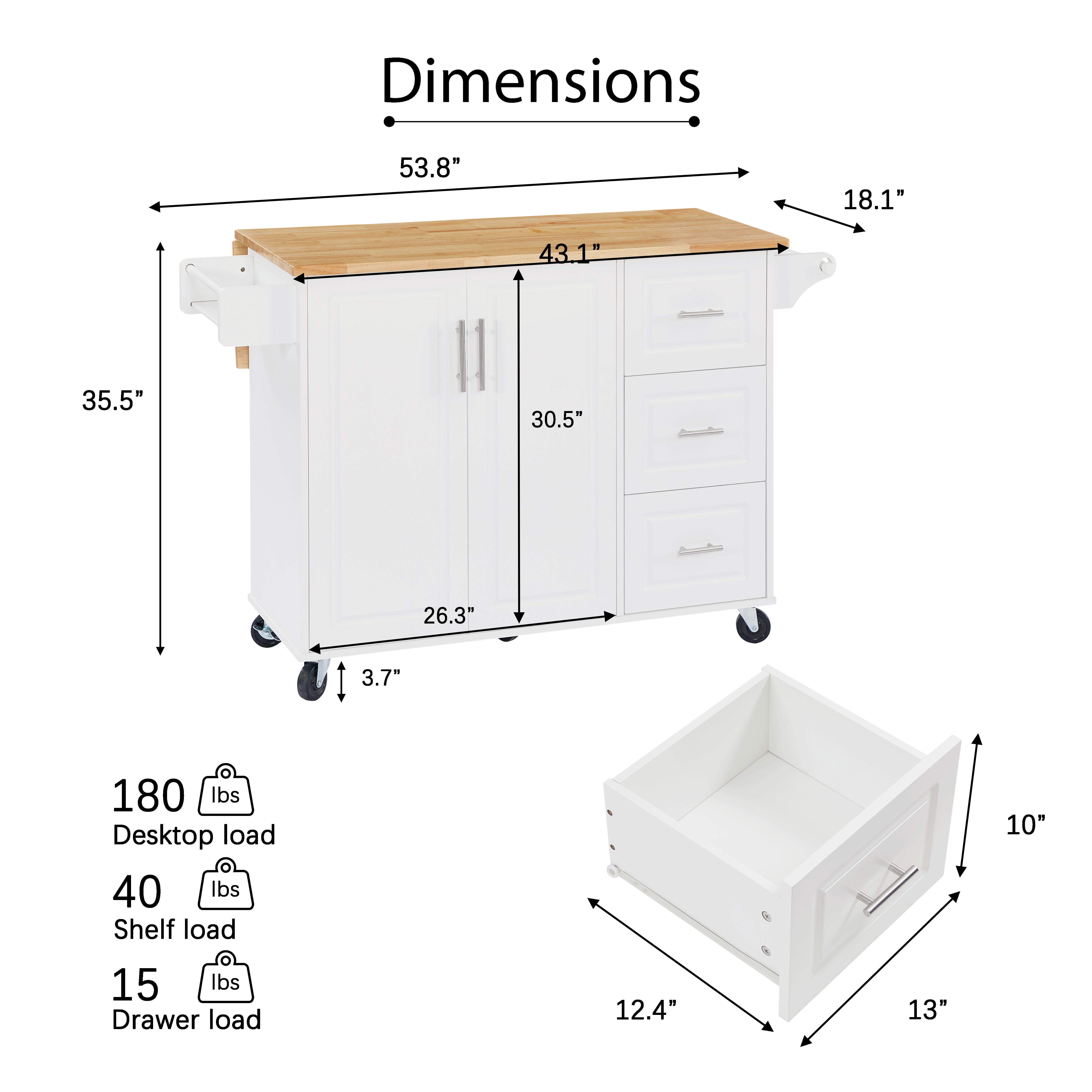 Sumatra 53" Rolling Kitchen Island with Solid Wood Countertop and Drop Leaf