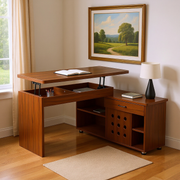55.1''L, Walnut Home Office L-Shaped Executive Desk , Height Adjustable Desk with Storage Drawers and Cabinet