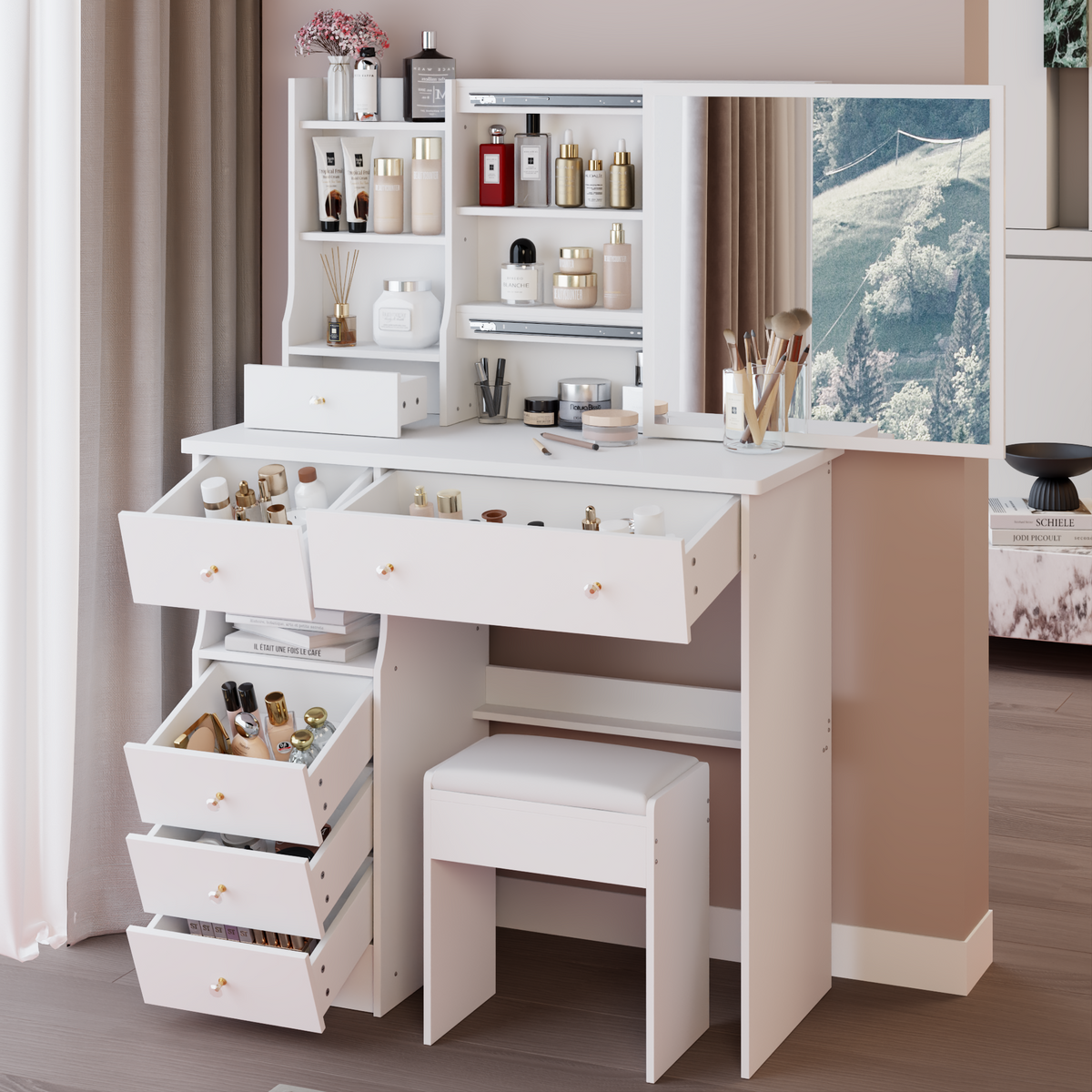 Mona makeup vanity with sliding mirror, concealed storage, and drawers
