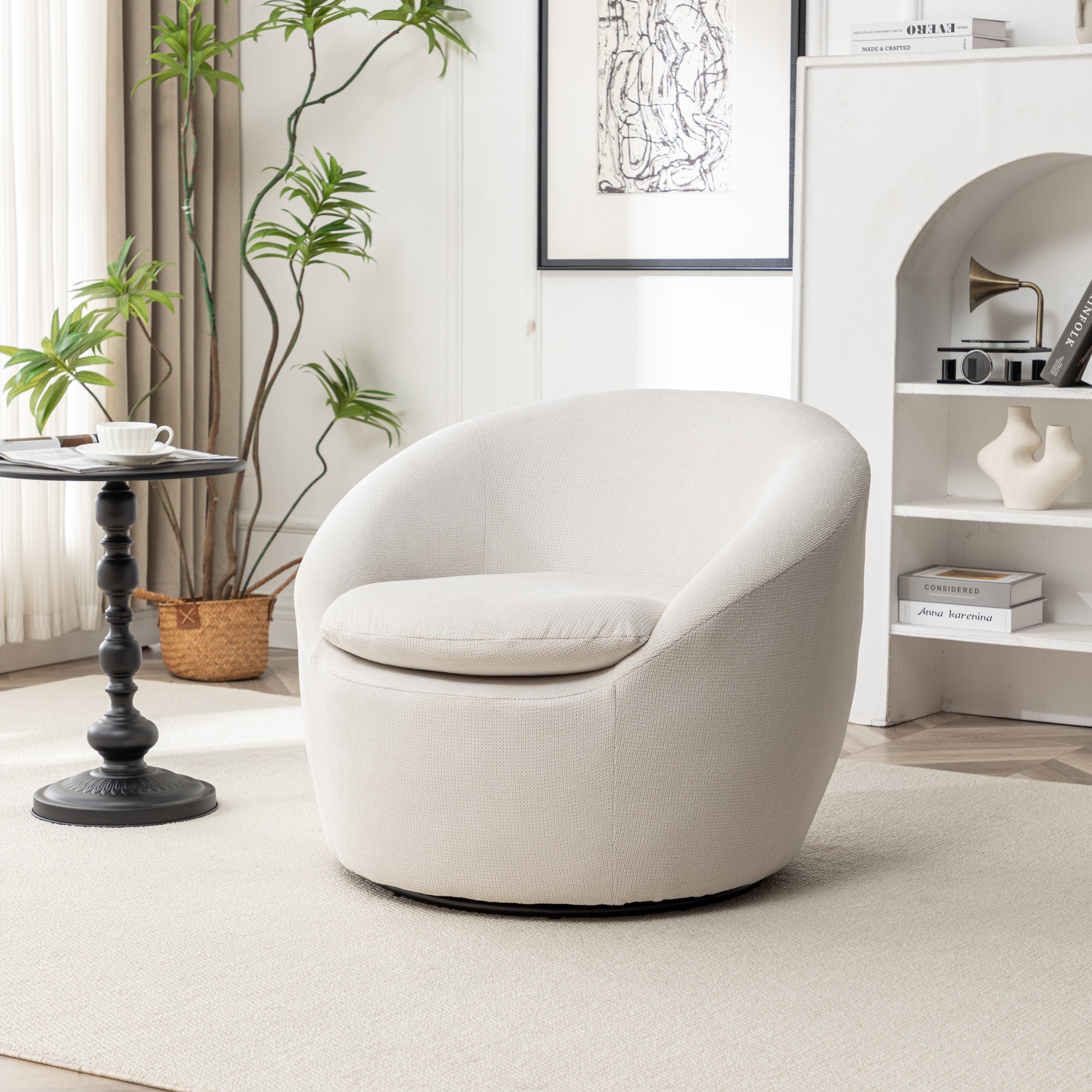 Homy Casa Eloa 29.5" Modern Beige Teddy Fabric Swivel Barrel Chair