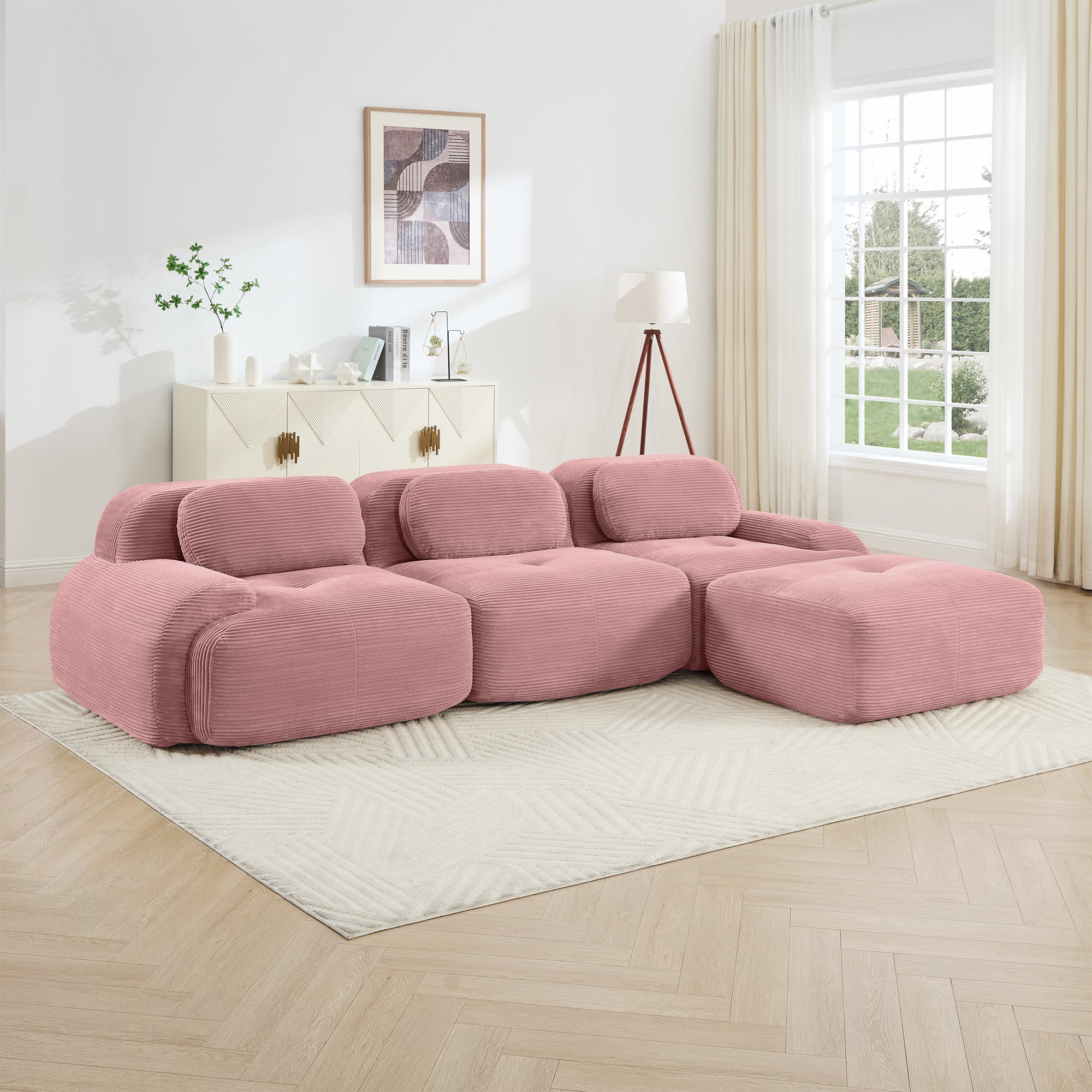 Anchorage 116" Modular Corduroy Cloud L-Shaped Sectional Sofa with Ottoman