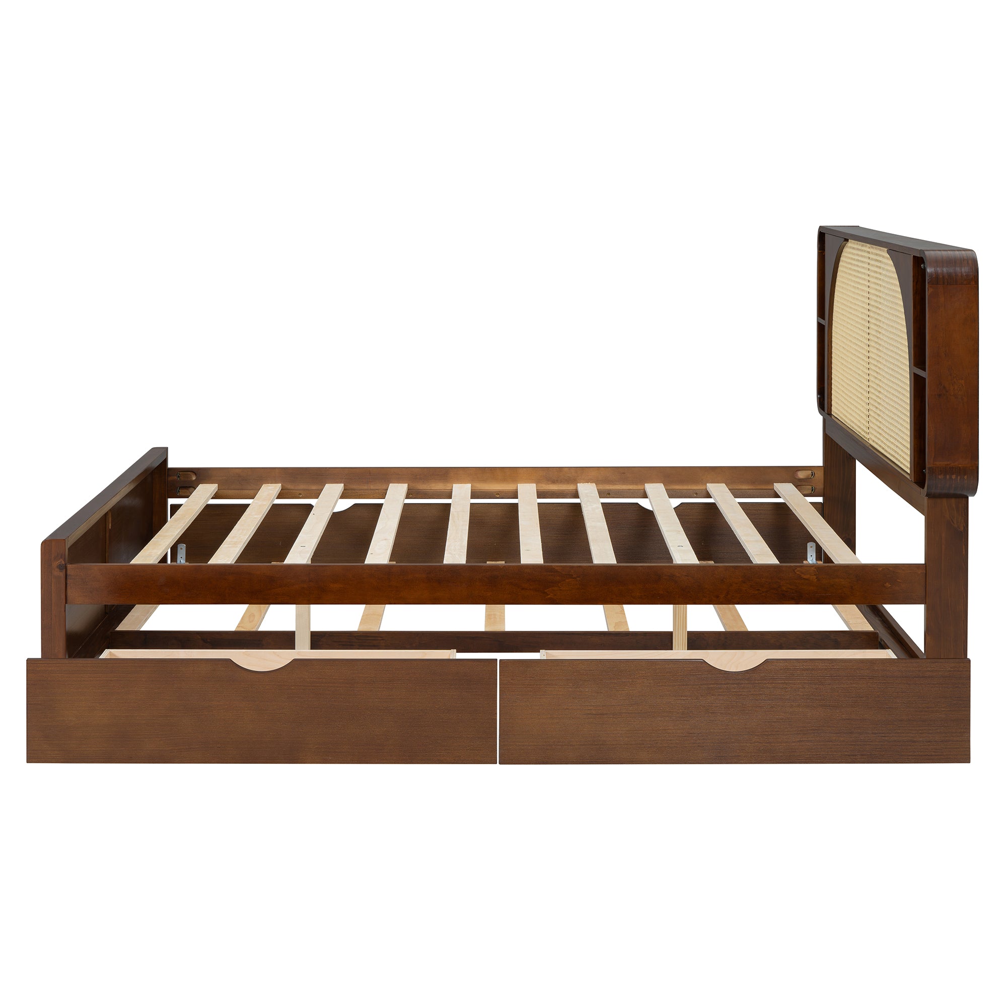 Hedda Queen Size Rattan Headboard Bed with Two Drawers and Trundle Bed