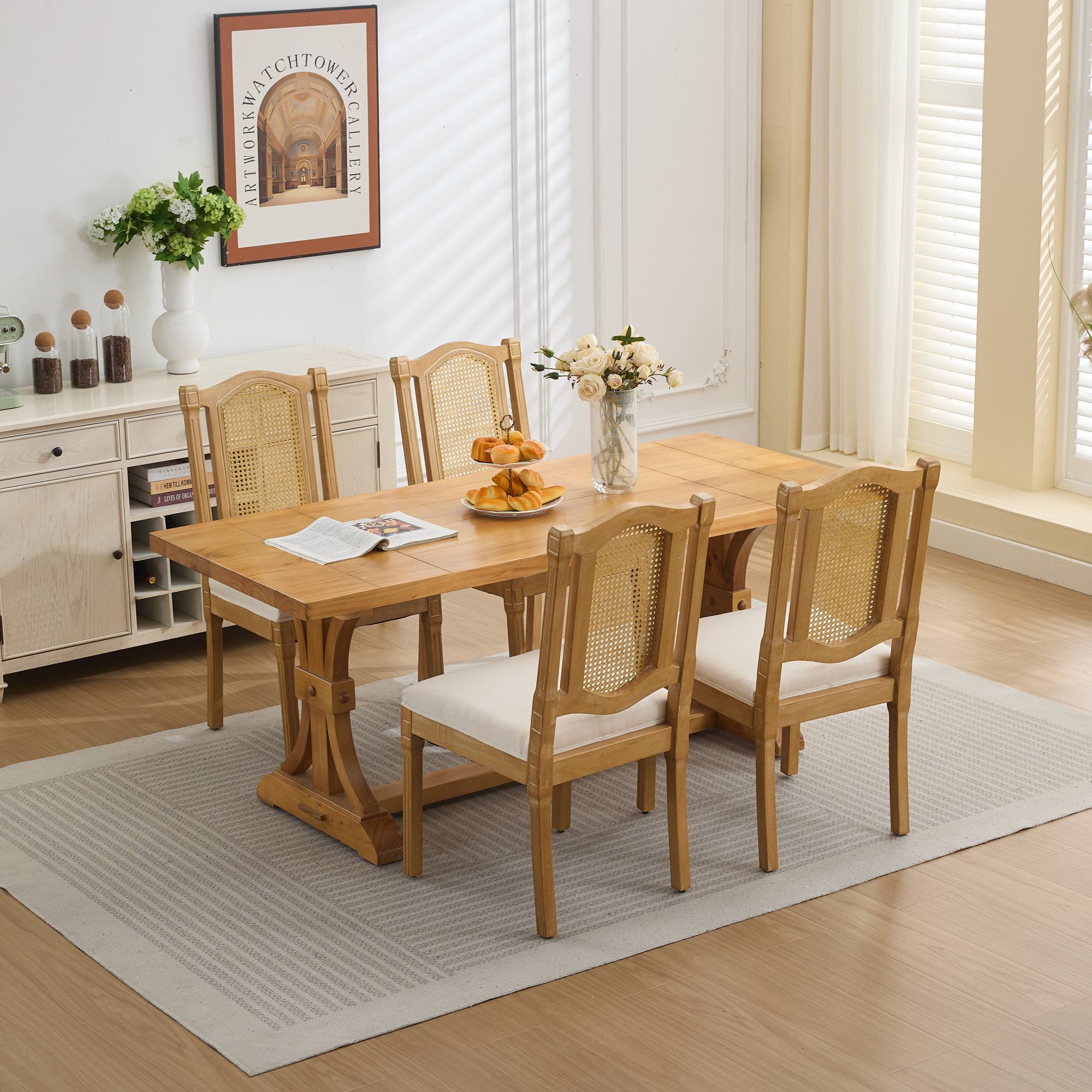 Shannon Solid Wood Rattan-Back Dining Chair Set of 2 with Beige Linen Cushion