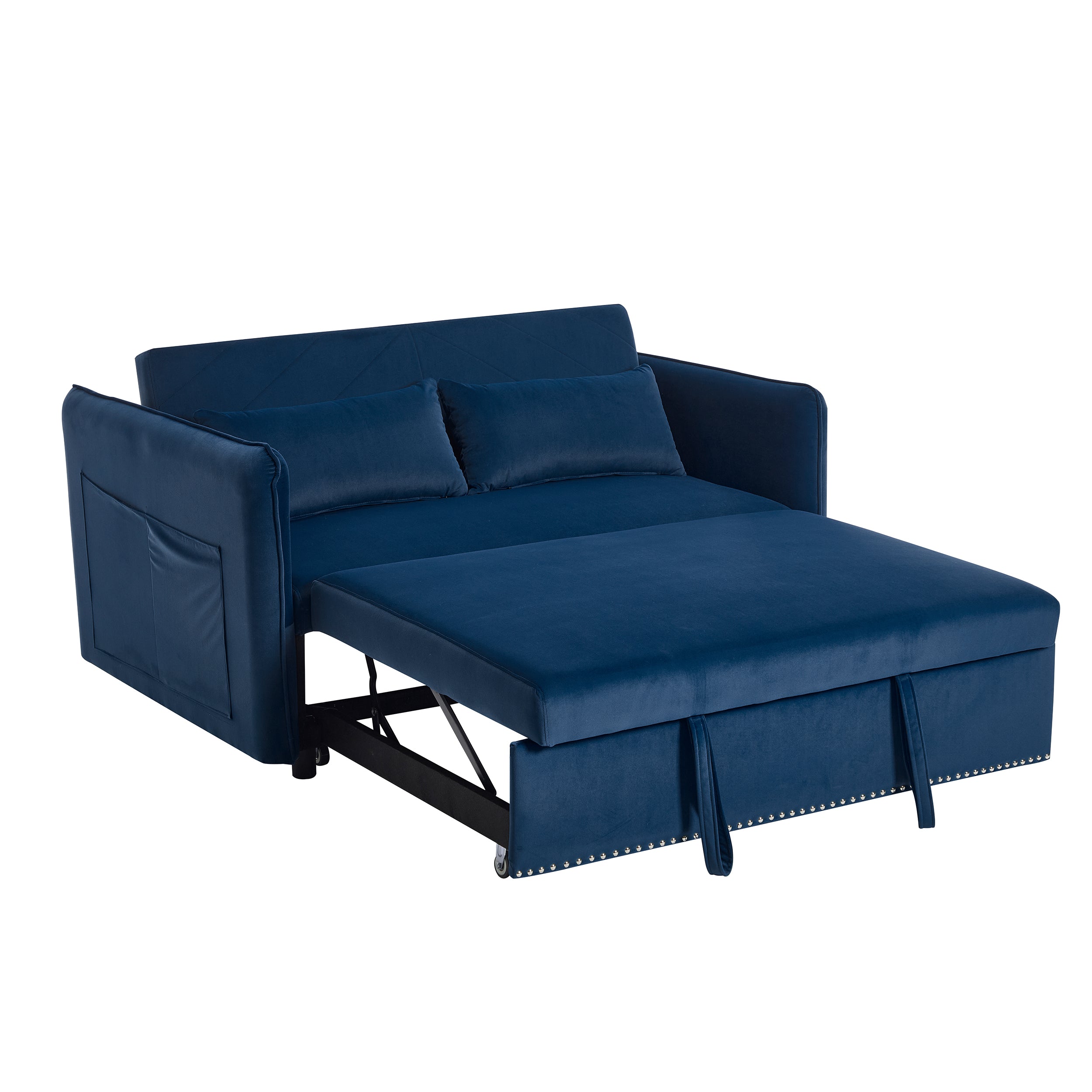 Homy Casa Shreveport 55" Velvet Pull-Out Loveseat Sleeper Sofa Bed with Side Pockets, Blue