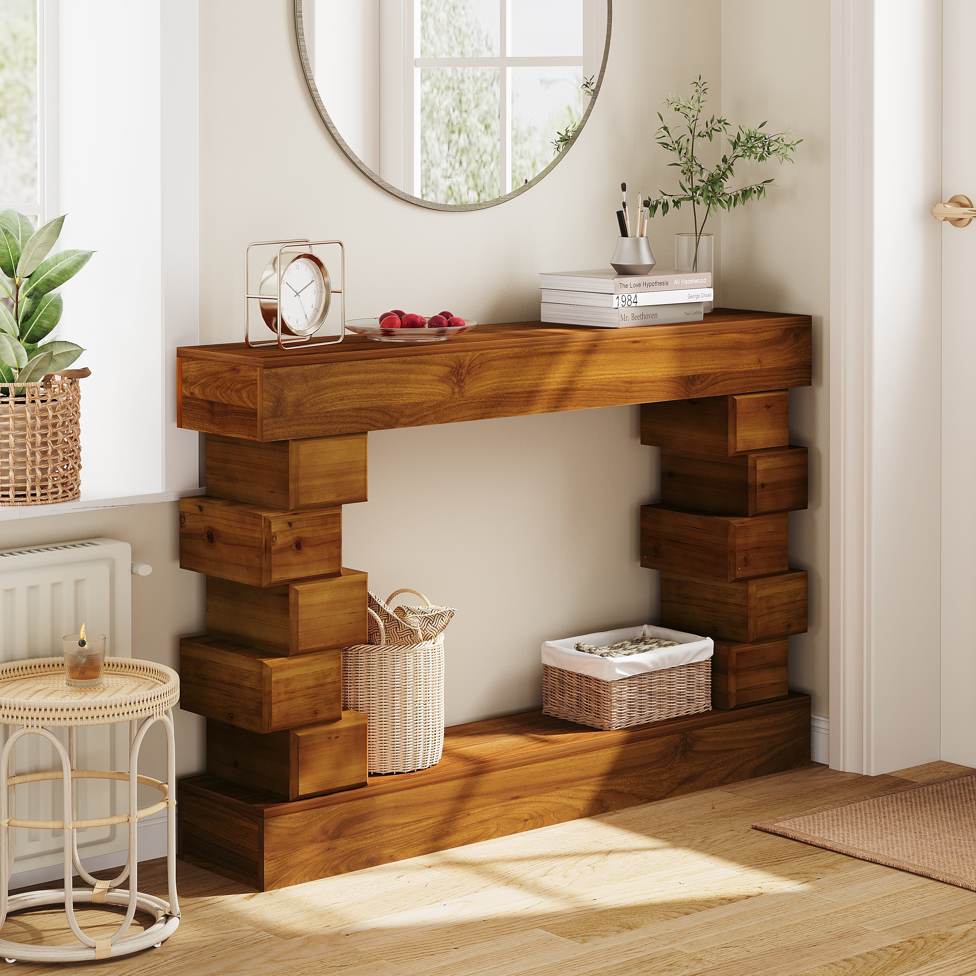 Esplanade Geometric Stacked-Wood Console Table with Warm Natural Finish