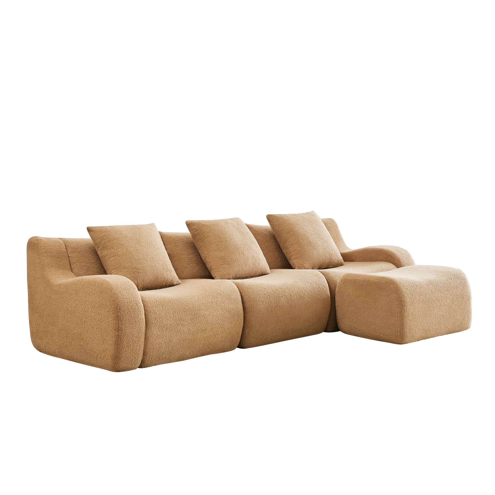 Chico 115" Modular Teddy Fabric L-Shaped Sofa with Curved Armrests and Movable Ottoman