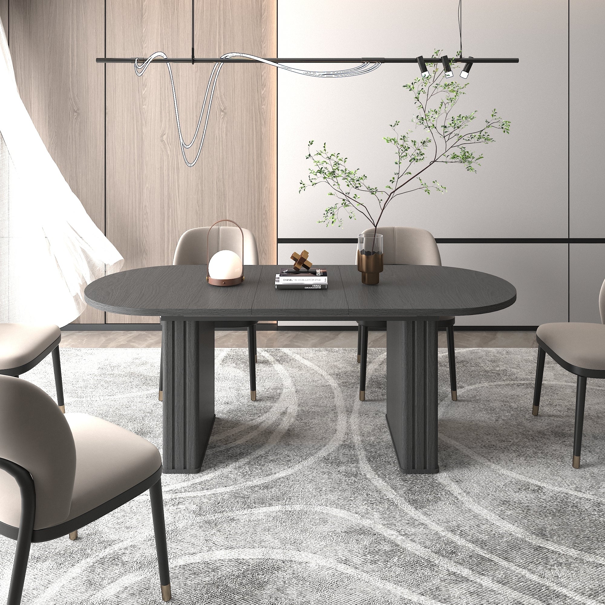 63-78in Kitchen extendable dining table for 4-8 people, oval kitchen table with wooden strip base for family living room (black)