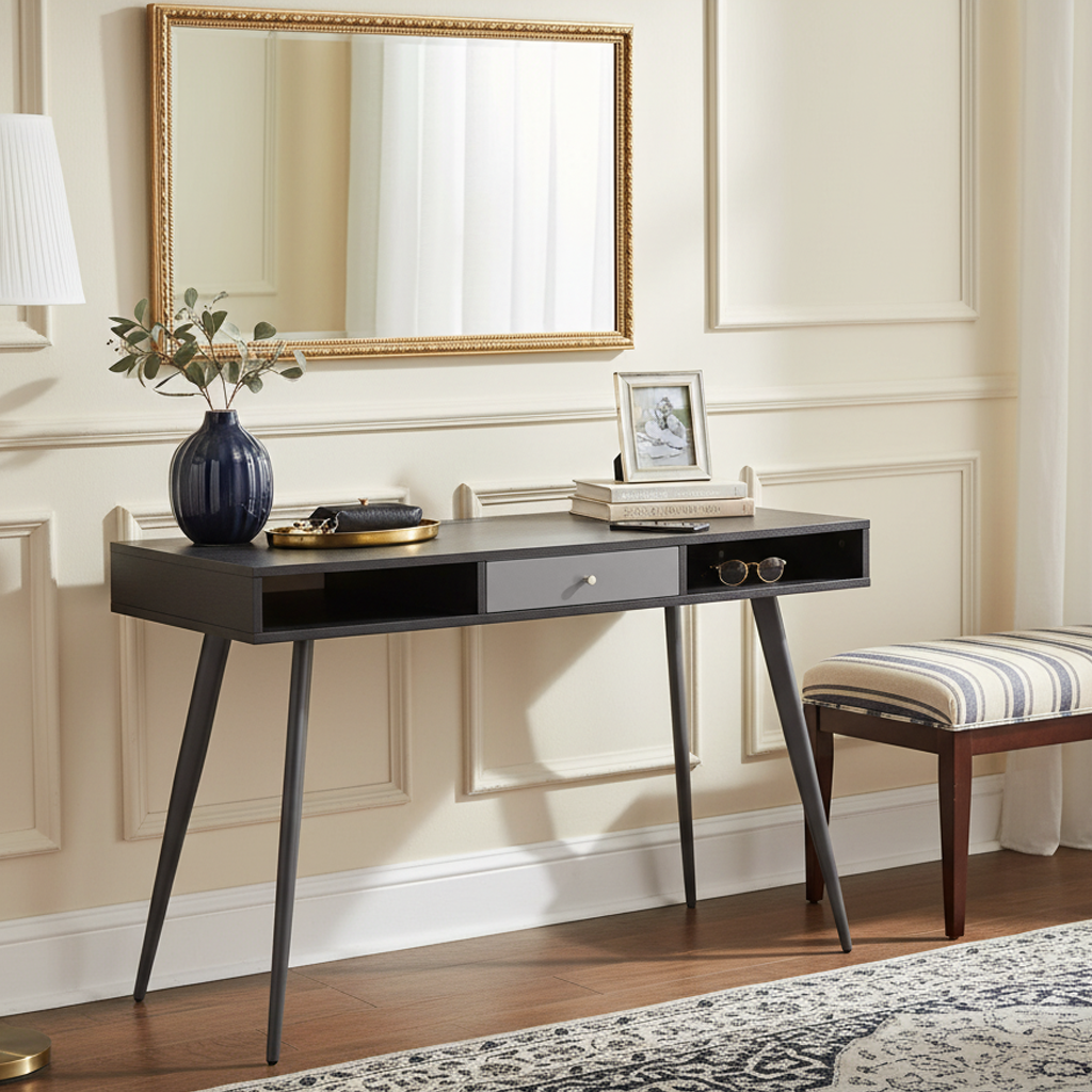 Orbita Mid‑Century Desk with USB Ports & Power Outlet, Black