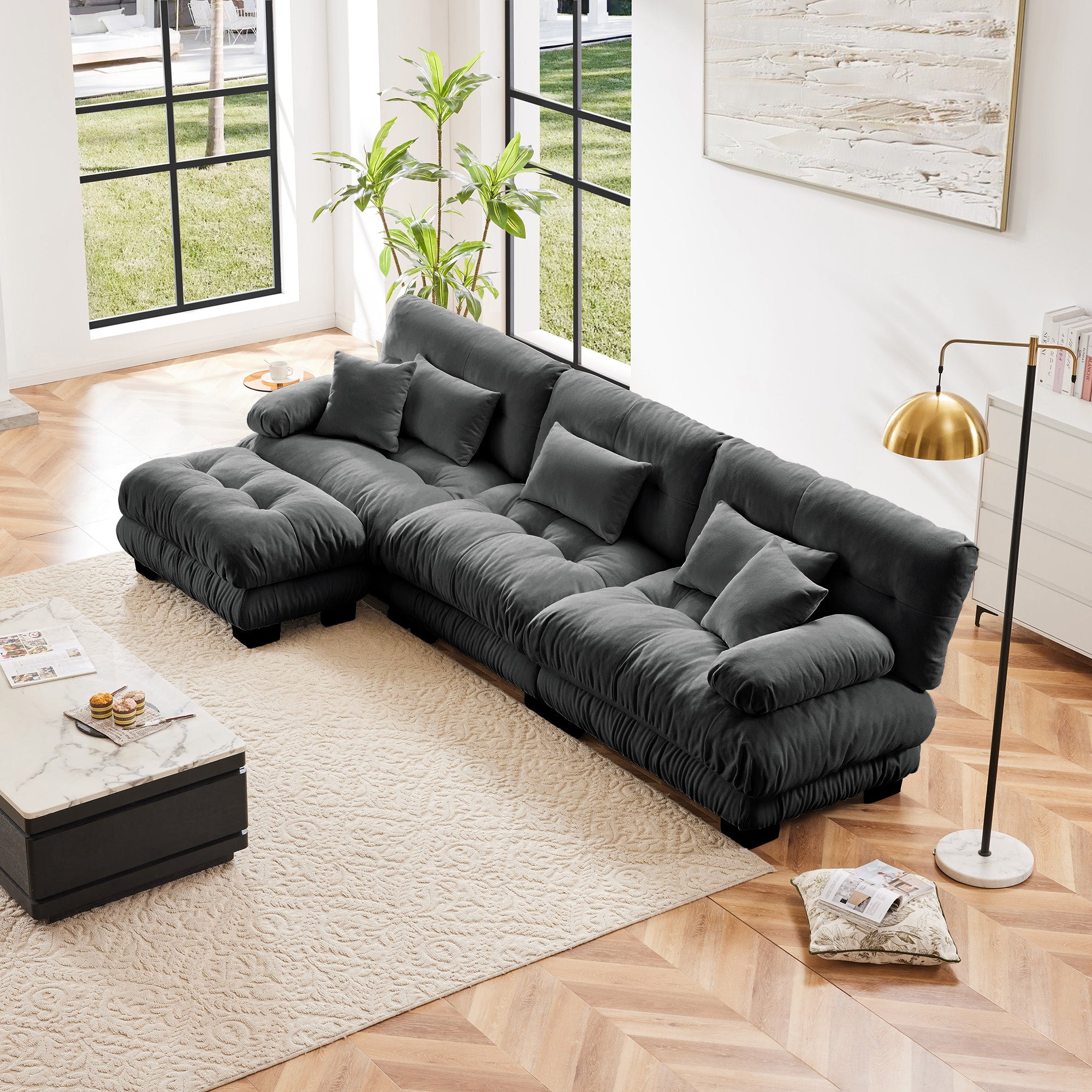 Monterey 134" Modular Chenille Cloud L-Shaped Sectional Sofa with Convertible Ottoman