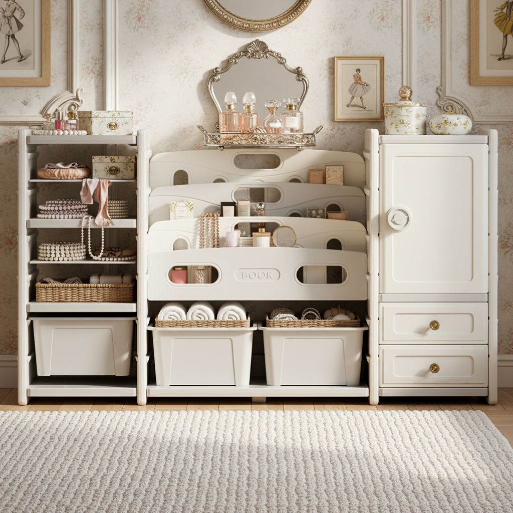 Hazelmont Kids Toy Storage Organizer with 8 Bins, 4-Tier Bookshelf, 2 Cabinets