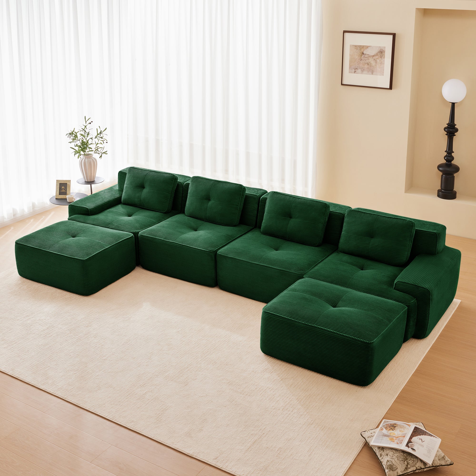 Racine 153" Modular Corduroy Fabric U-Shaped Sectional Sofa with Deep Seat and 2 Movable Ottomans