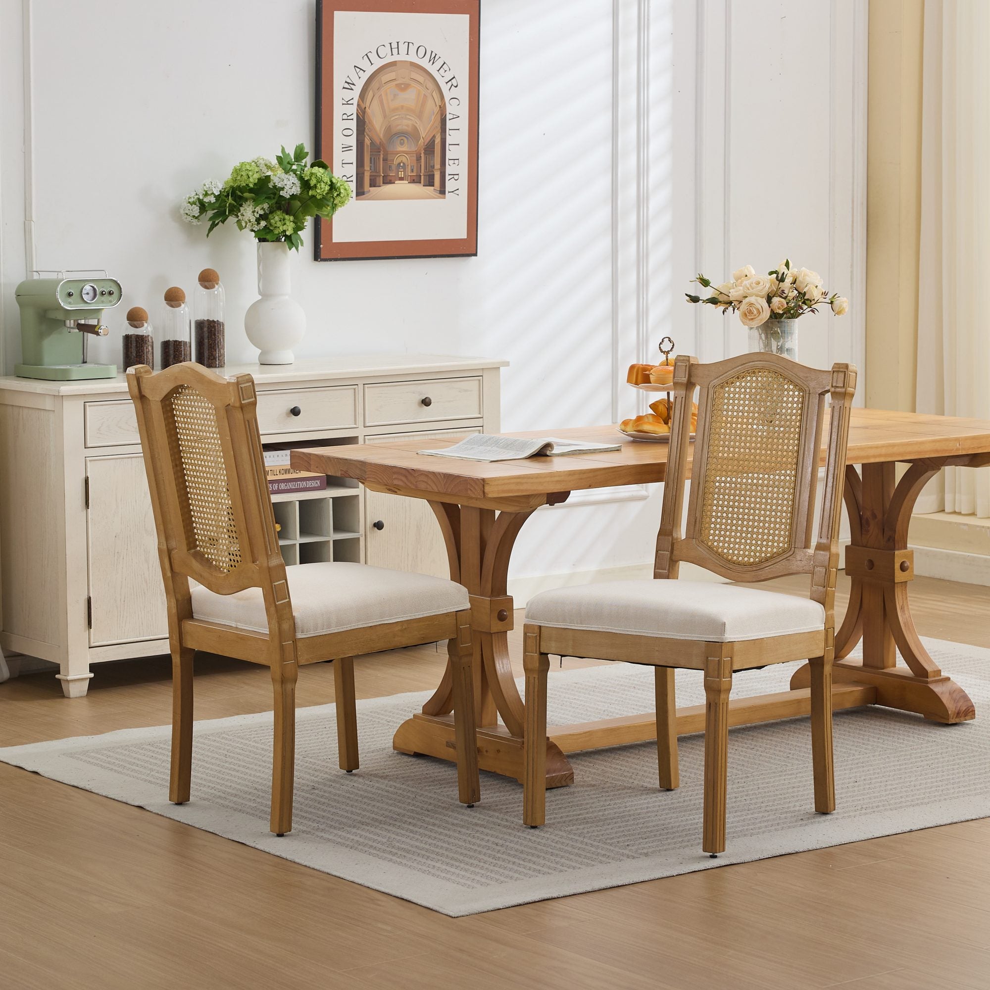 Shannon Solid Wood Rattan-Back Dining Chair Set of 2 with Beige Linen Cushion