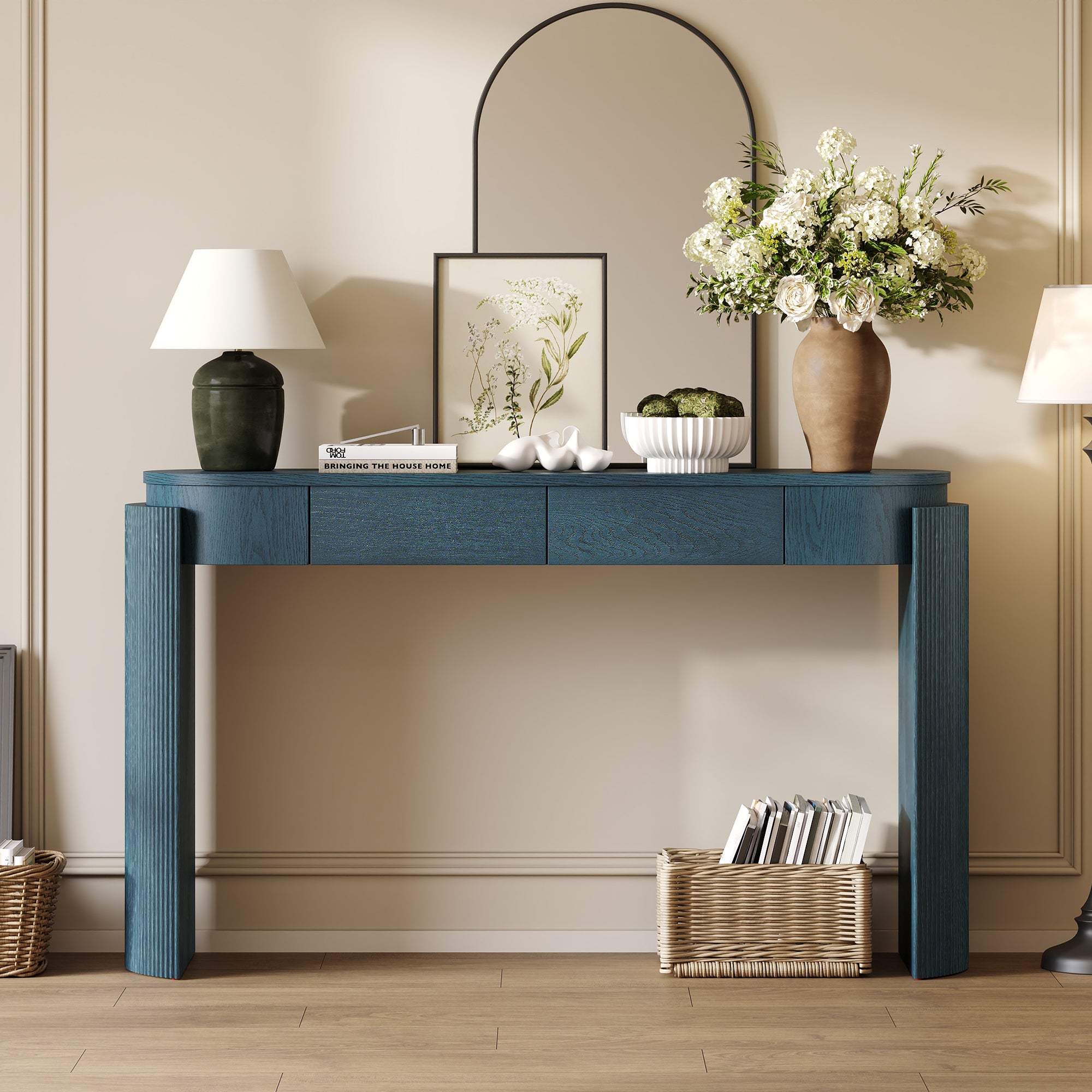 Entryway Table with Natural Wood Grain Finish, Console Table with Fluted Design, Oval Top and 2 Drawers for Entryway and Living Room (Navy)