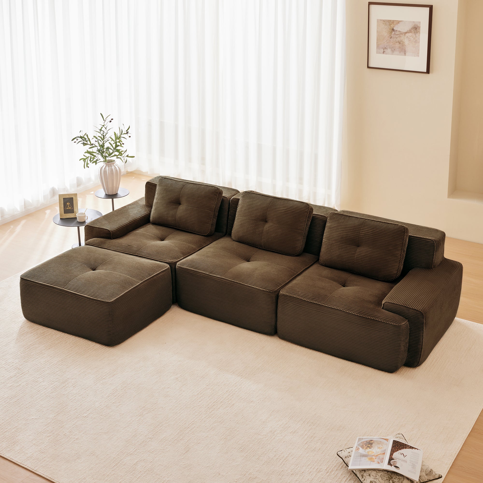 Racine 117" Modular Corduroy Fabric L-Shaped Sectional Sofa with Movable Ottoman