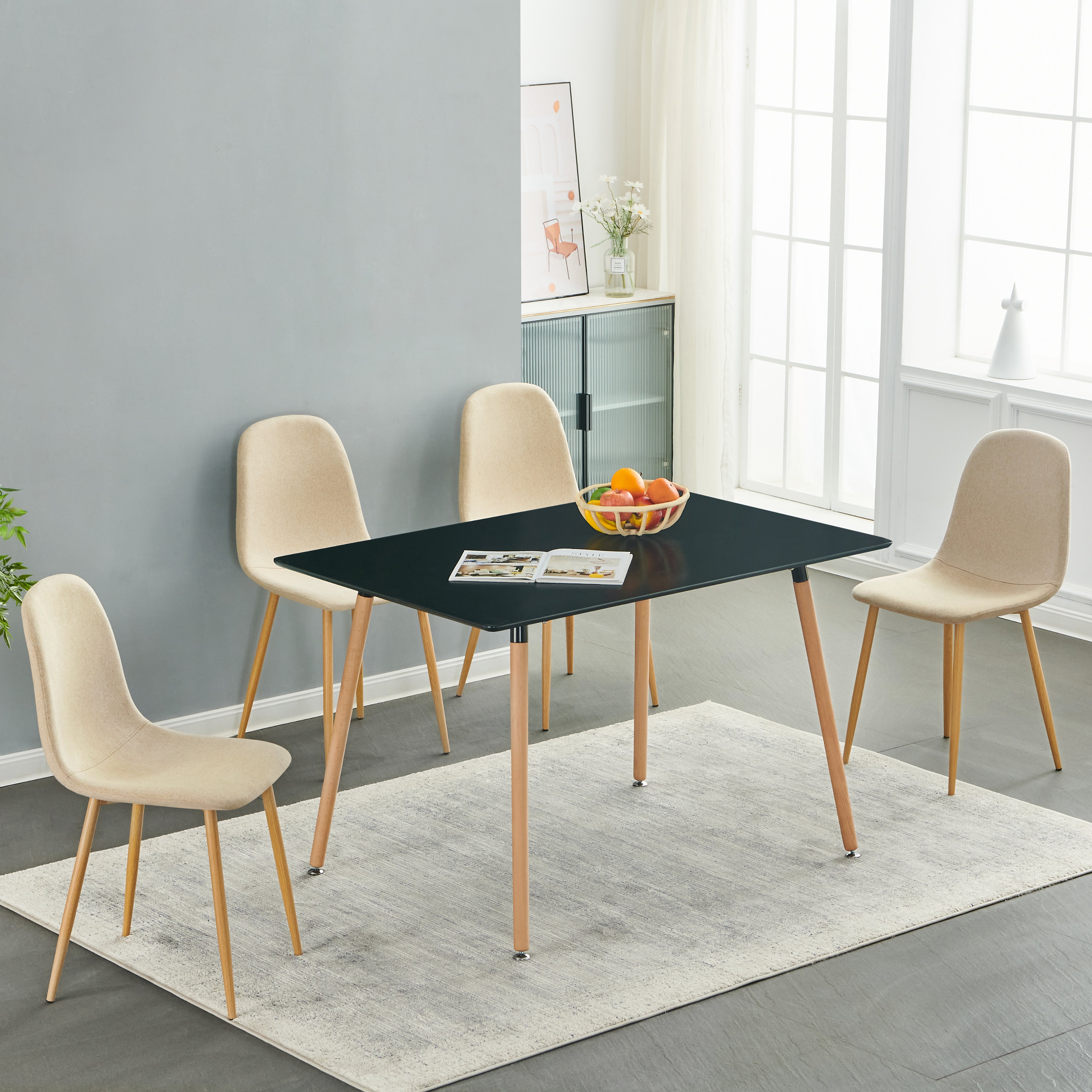 CHARLTON Set of 4 Modern Dining Chairs, Curved Fabric Seats with Wood-Look Metal Legs, Beige Upholstery, Easy Assembly