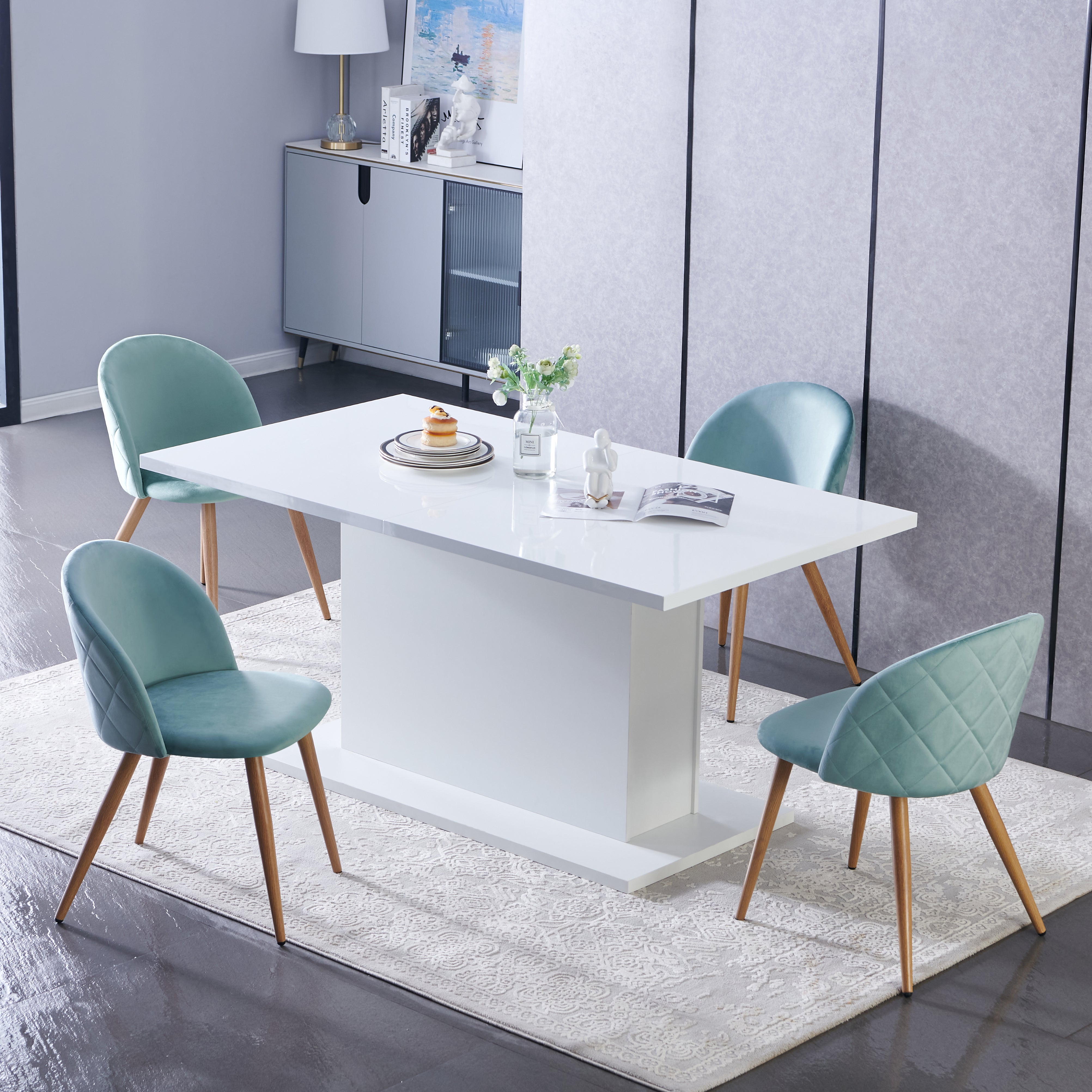 ZOMBA Velvet Dining Chairs Set of 2 Modern Round Back Upholstered Kitchen Chairs Wood Look Metal Legs Teal