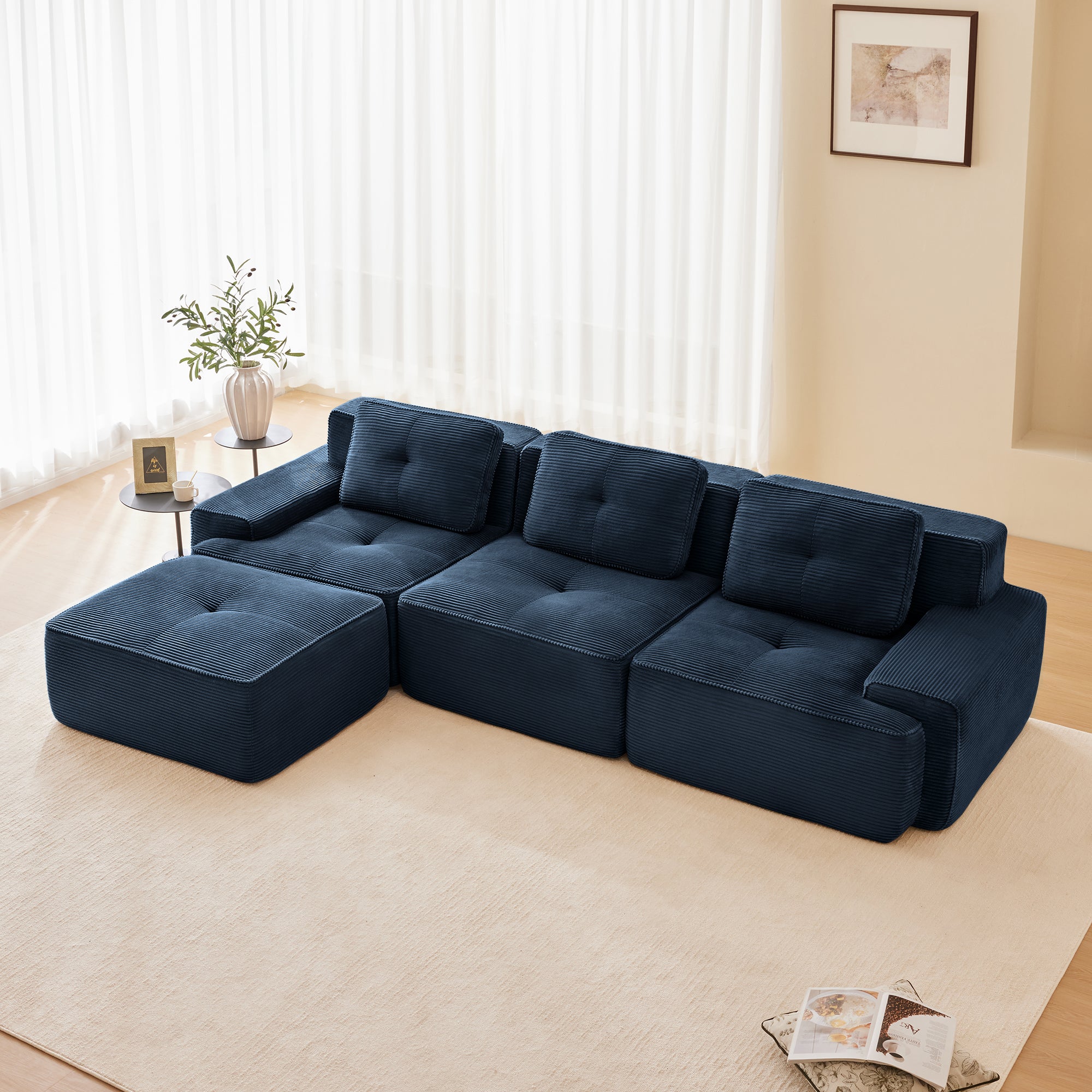 Racine 117" Modular Corduroy Fabric L-Shaped Sectional Sofa with Movable Ottoman