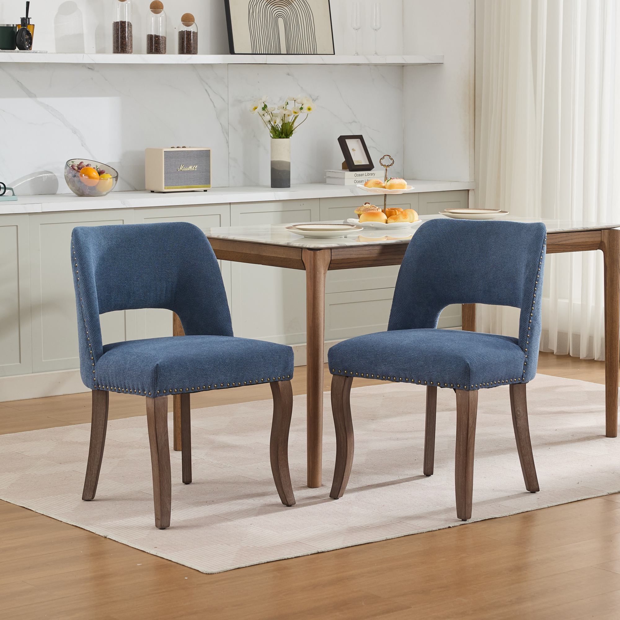 Tiberis Modern Fabric Upholstered Dining Chair Set of 2 Wood Frame