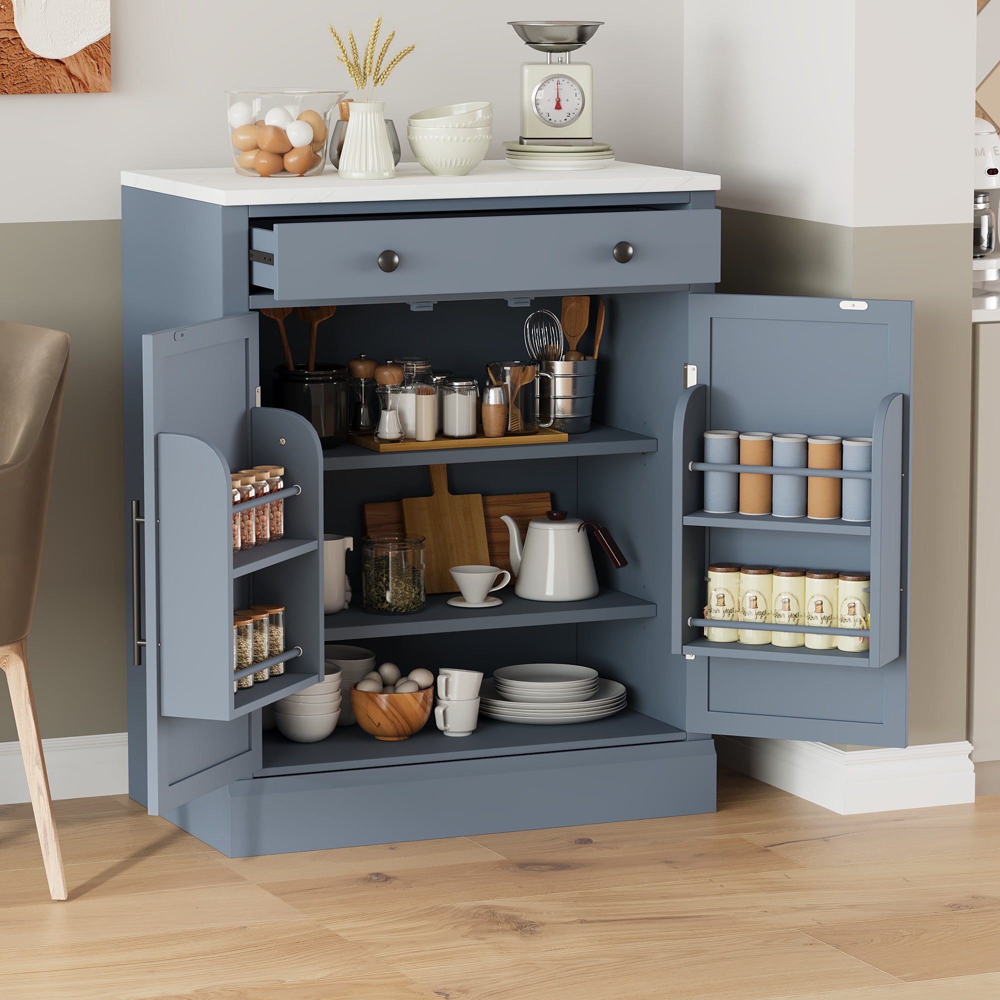 Modern Freestanding Kitchen Pantry,Buffet Food Storage, Coffee Bar Cabinet with Drawer, 2 Adjustable Shelves and 2 Door Shelves for Dining, Kitchen, Gray