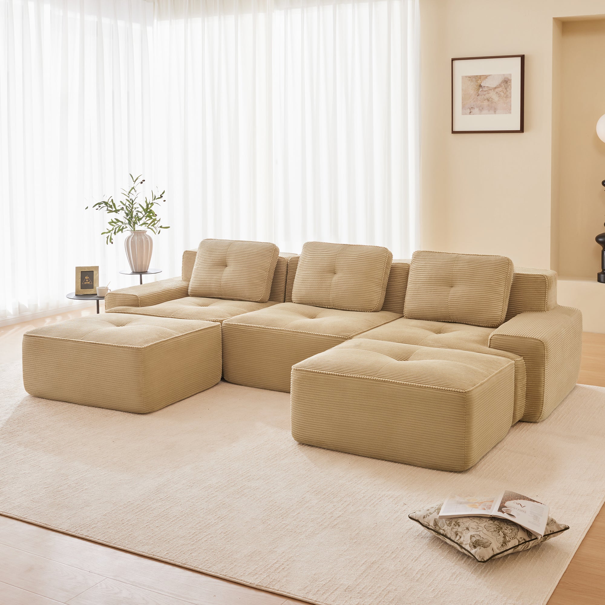 Racine 117" Modular Corduroy Fabric U-Shaped Sectional Sofa with Deep Seat and Movable Ottoman