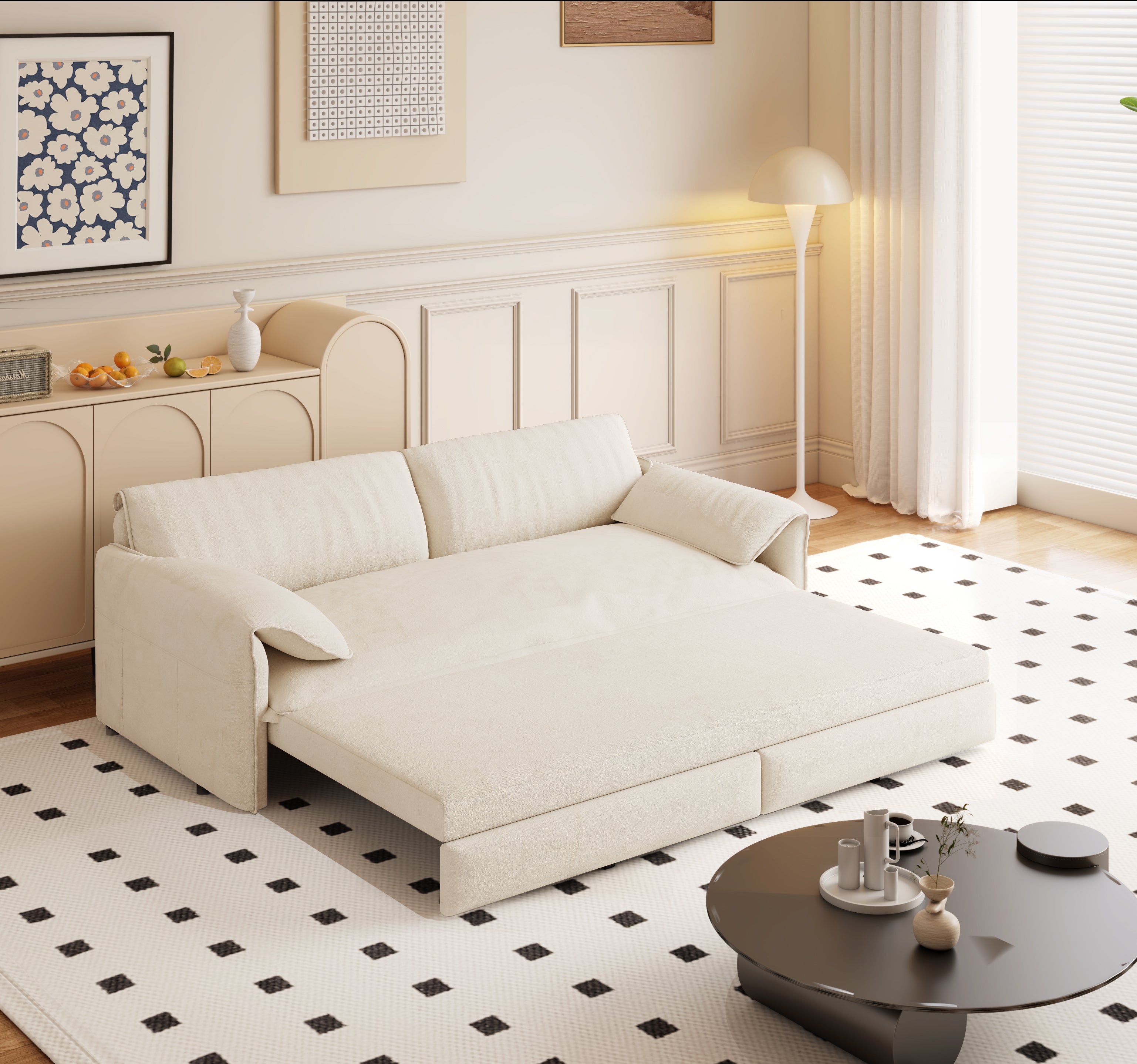 Freja 66" Velvet Convertible Sofa Bed with Pull-Out Sleeper and Side Storage, Beige