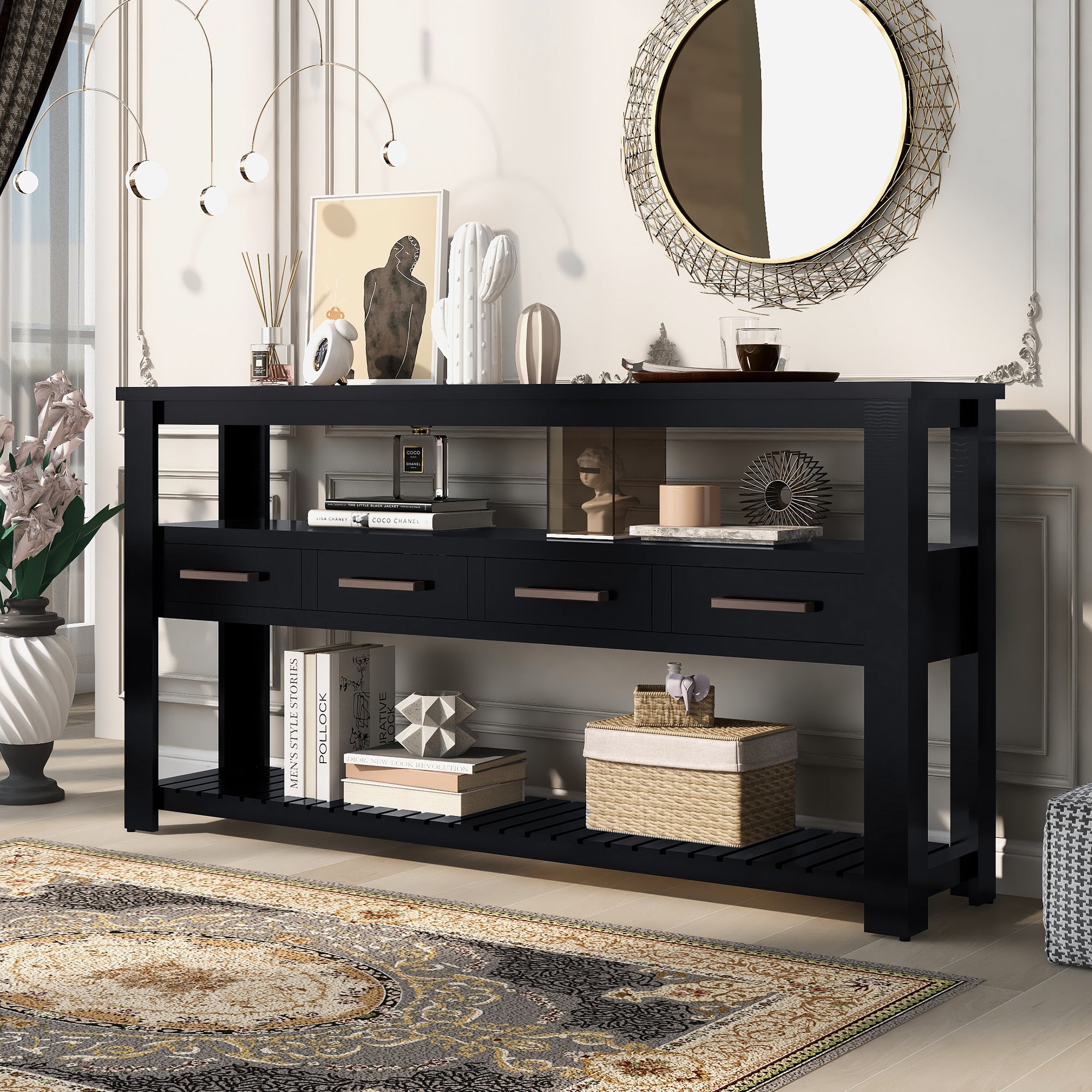 62.2'' Large Entryway Table with 4 Drawers,Painted Console Table with 3-Tier Open Shelves and Metal Handles,Versatile Hallway Sofa Table for Living Room, Bedroom, Foyer and Kitchen