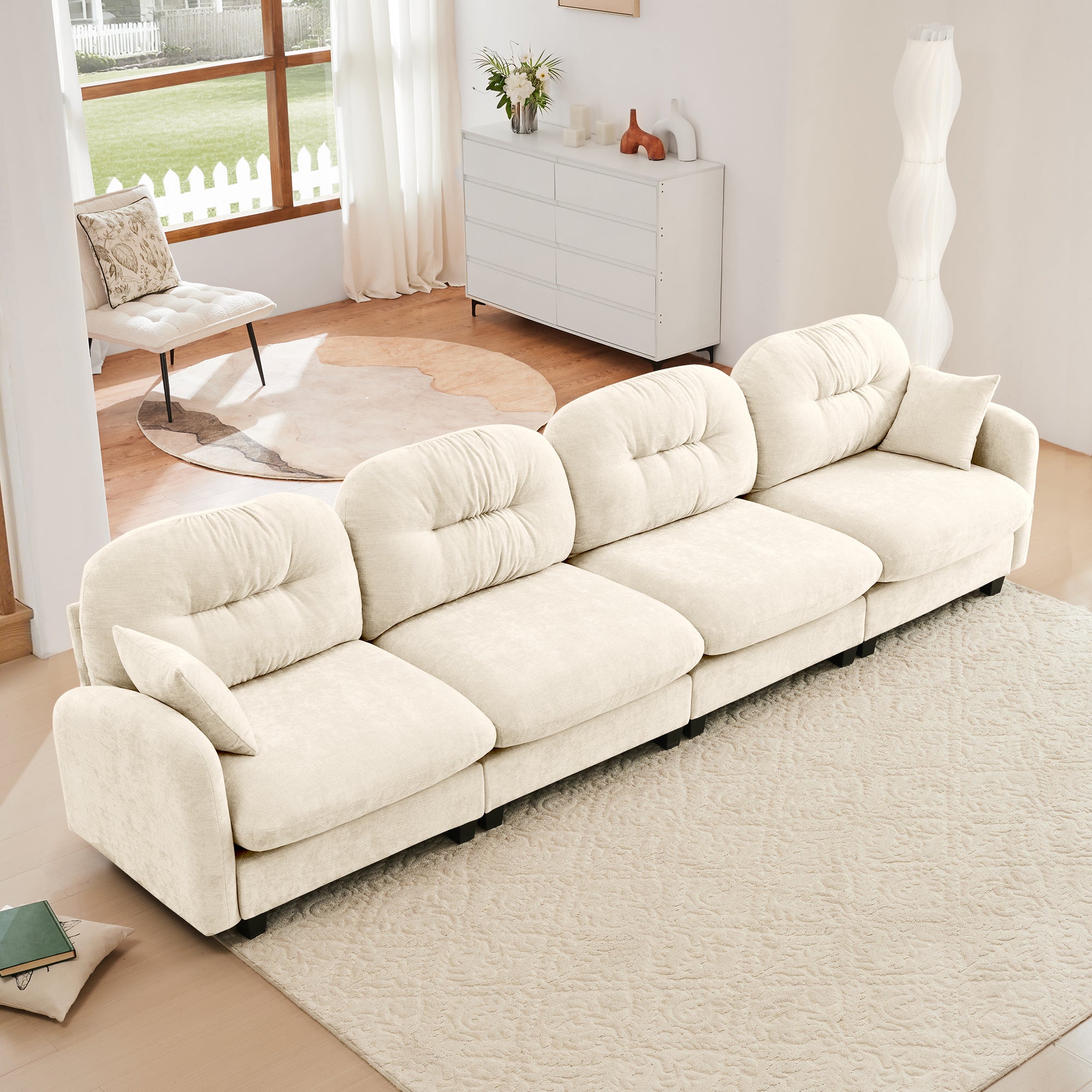 Roselyn 140" Modular Chenille Cloud 4-Seater Sofa with Tufted Cushion Backrest and  Pillows