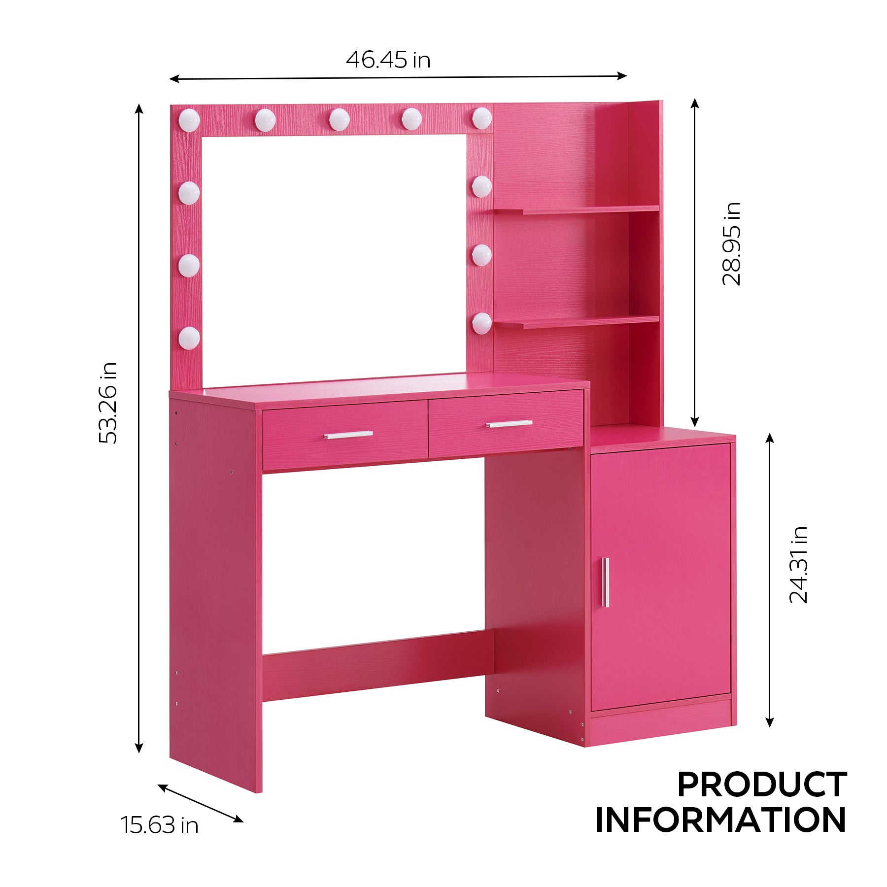 Espoo 46.4" Modern Vanity Desk with Lighted Mirror, Pink