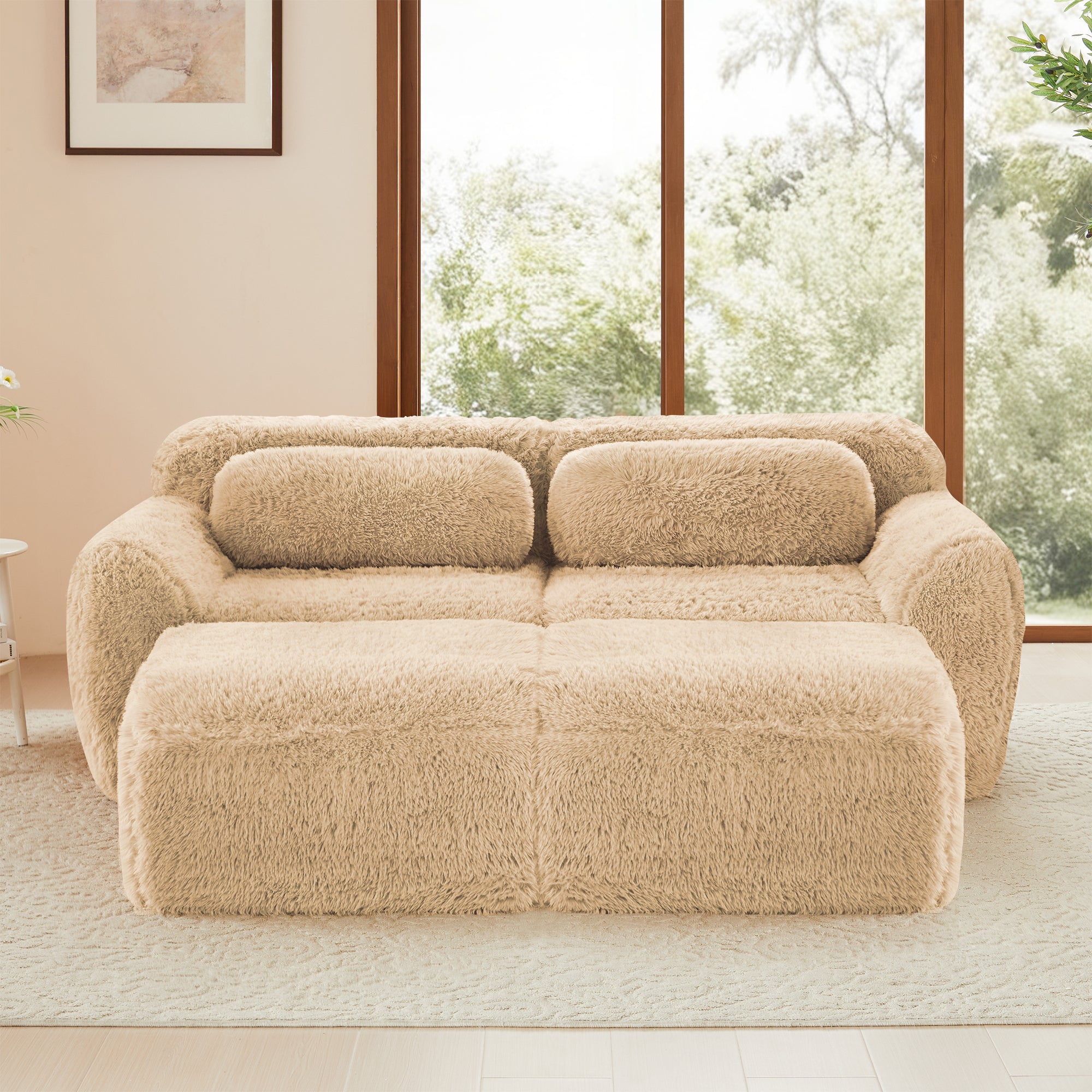 Durham 80" Plush Sofa with Chaise and Ottoman Deep-Seat Design Light Khaki