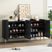 Luxurious Shoe Cabinet with 5 Metal Legs, Modern TV Stand with 4 Adjustable Shelves for TVs Up to 70', Minimalist Sideboard Cabinet with Gold Lines Doors for Living Room,62.9'x 31.4',Black