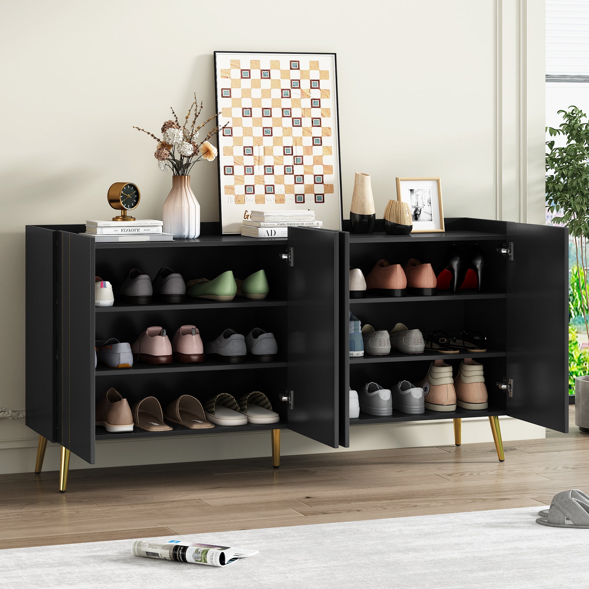 Luxurious Shoe Cabinet with 5 Metal Legs, Modern TV Stand with 4 Adjustable Shelves for TVs Up to 70', Minimalist Sideboard Cabinet with Gold Lines Doors for Living Room,62.9'x 31.4',Black