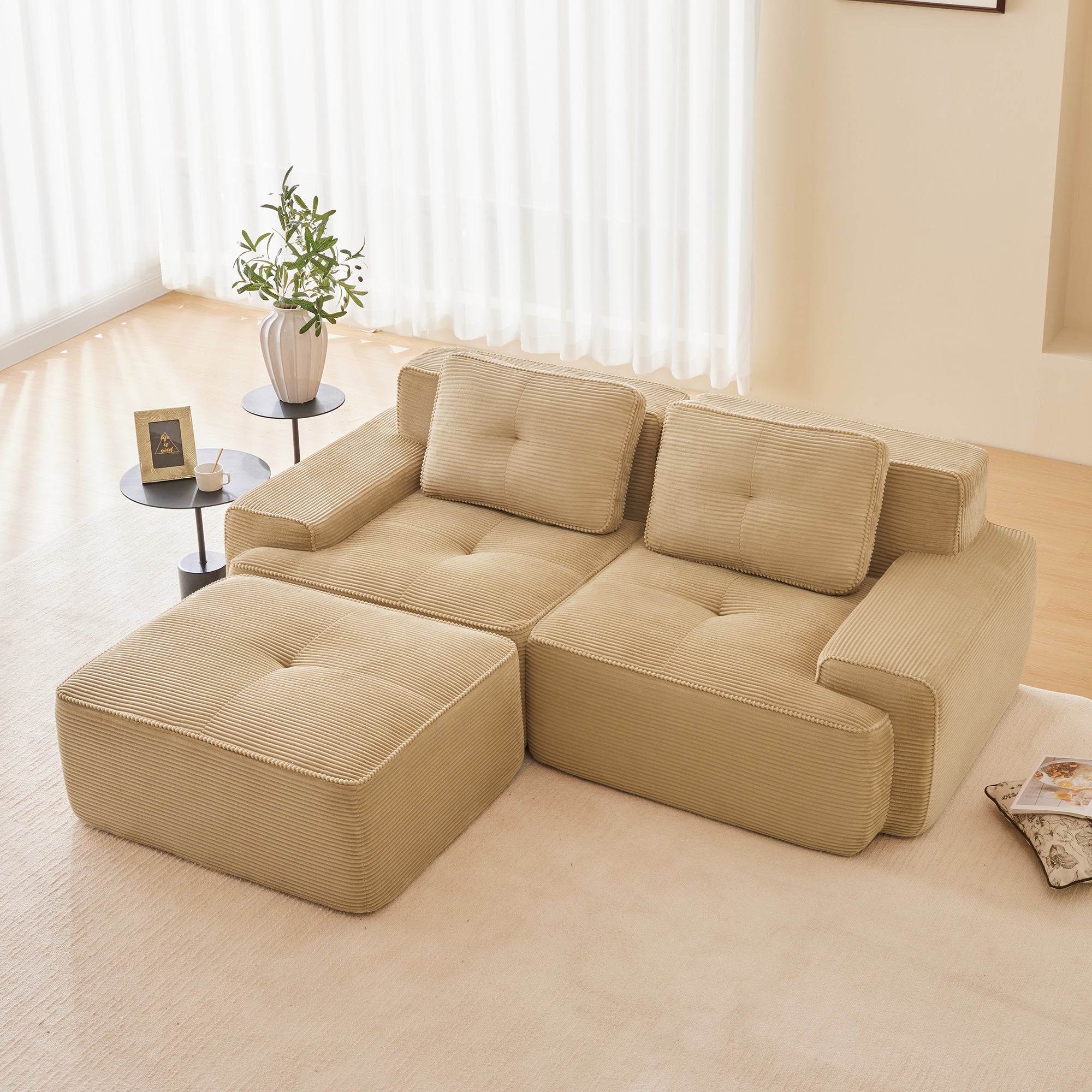 Racine 82" Modular Corduroy Fabric Loveseat Sofa with Pillows and Movable Ottoman