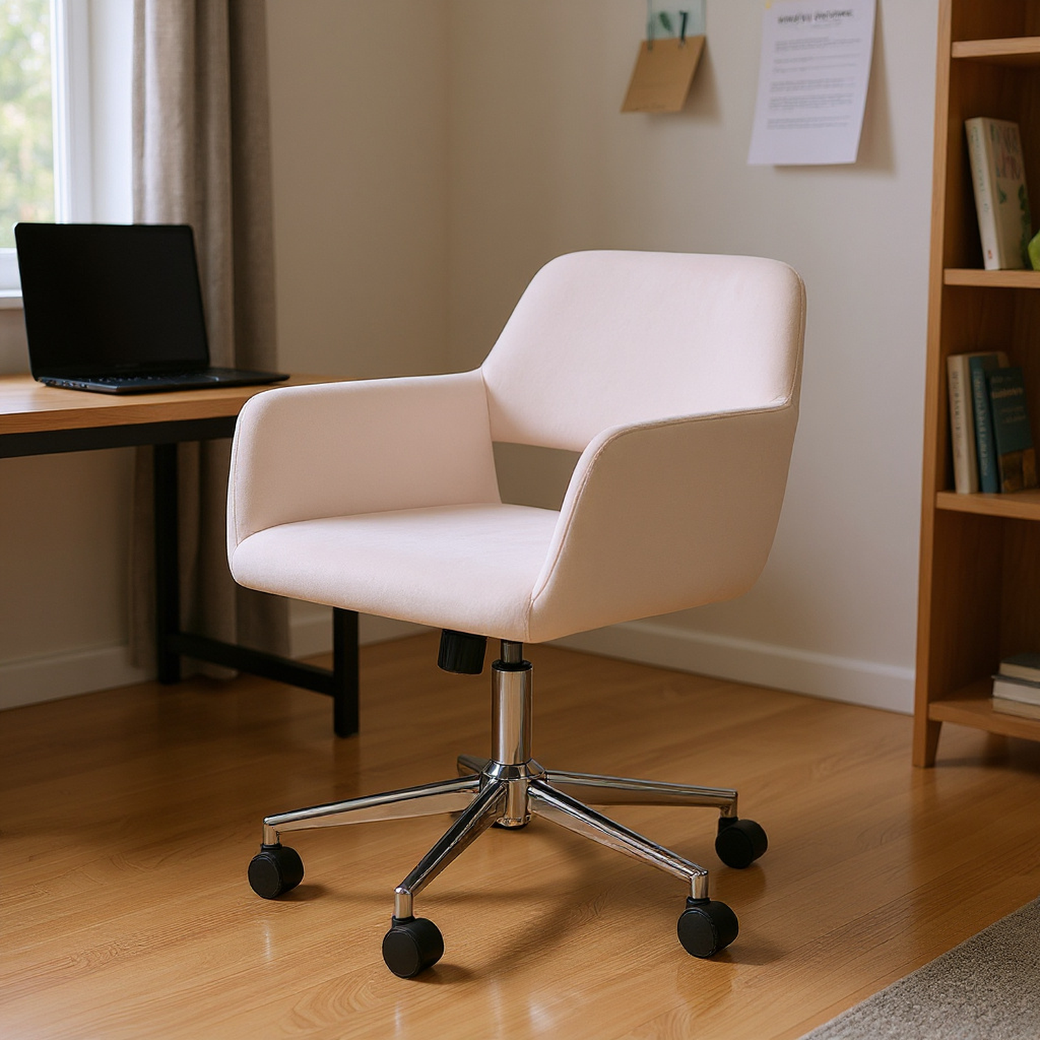Velvet Swivel Desk Chair with Arms, Adjustable Height Task Chair on Wheels, Chrome Base, Blush Pink