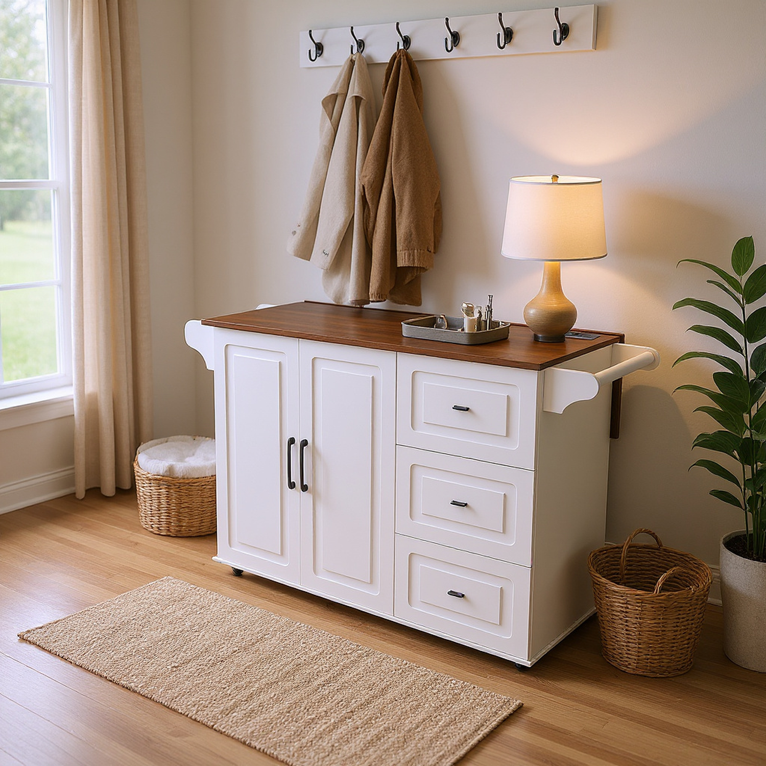 White Kitchen Island Cart with Foldable Tabletop & Drop Leaf - Mobile Breakfast Bar