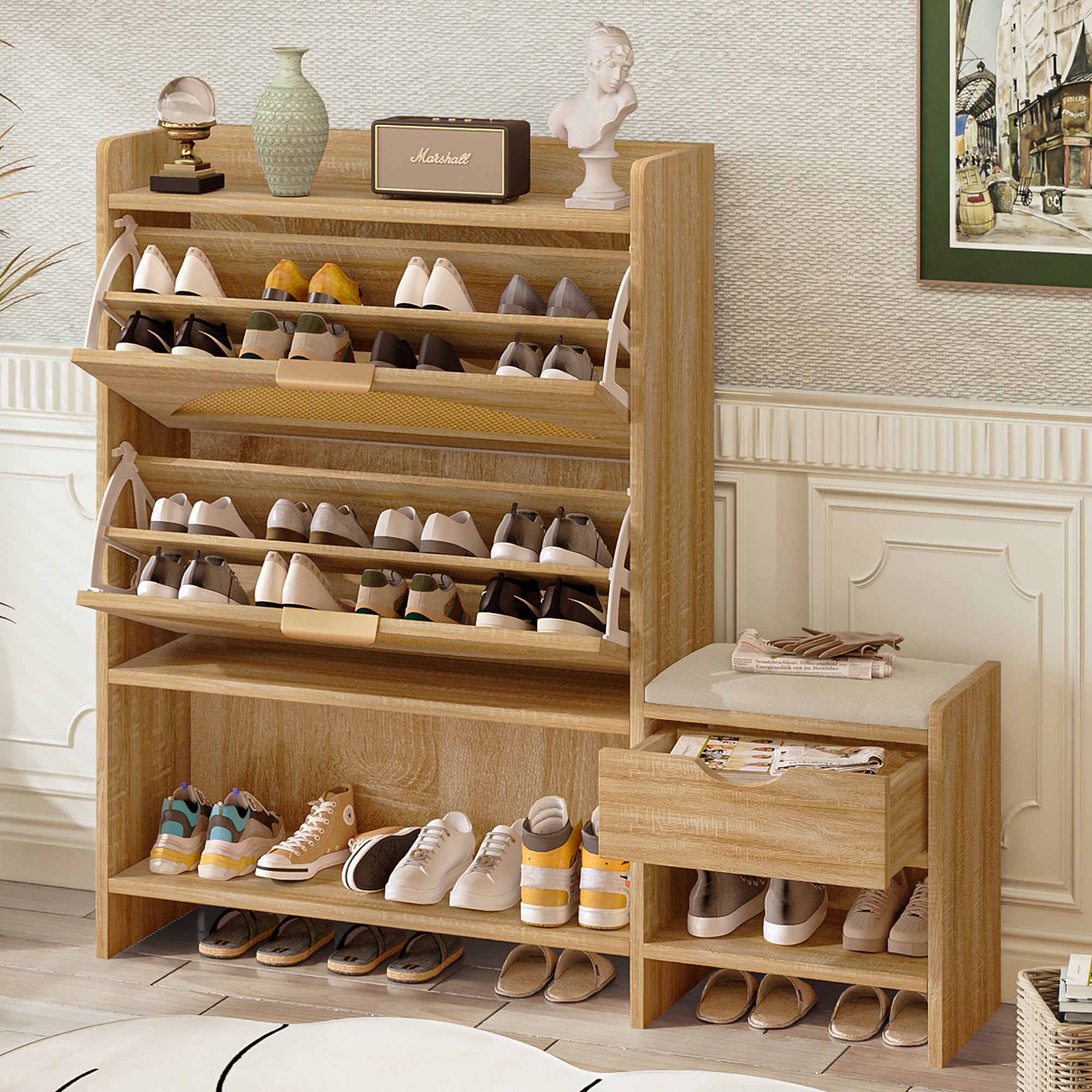 Willow Rattan Shoe Storage Cabinet with Flip Drawers & Bench, Natural Wood Finish