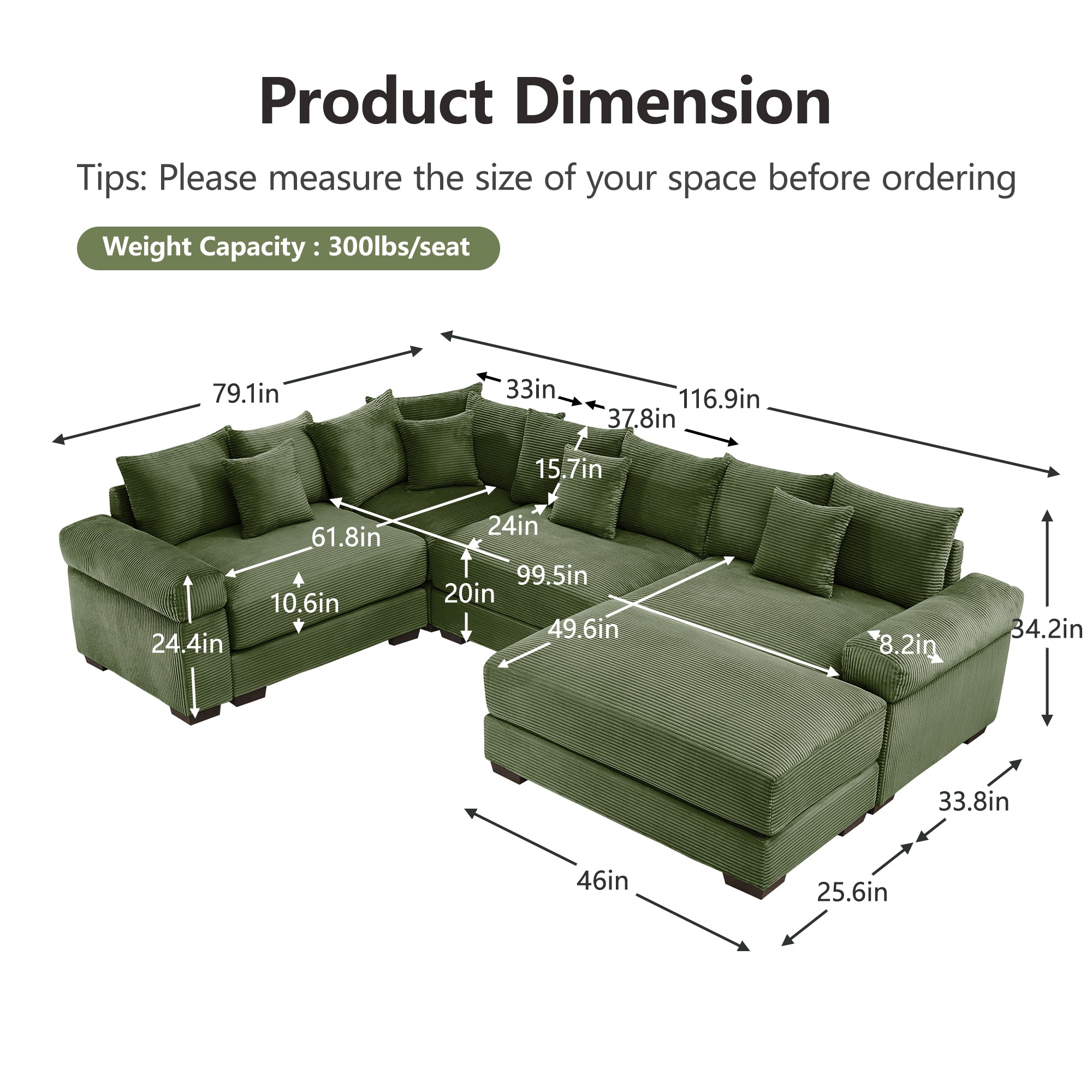 Albany 117" Oversized 5 Pieces Corduroy Modular Corner Sectional Sofa with Ottoman, Green