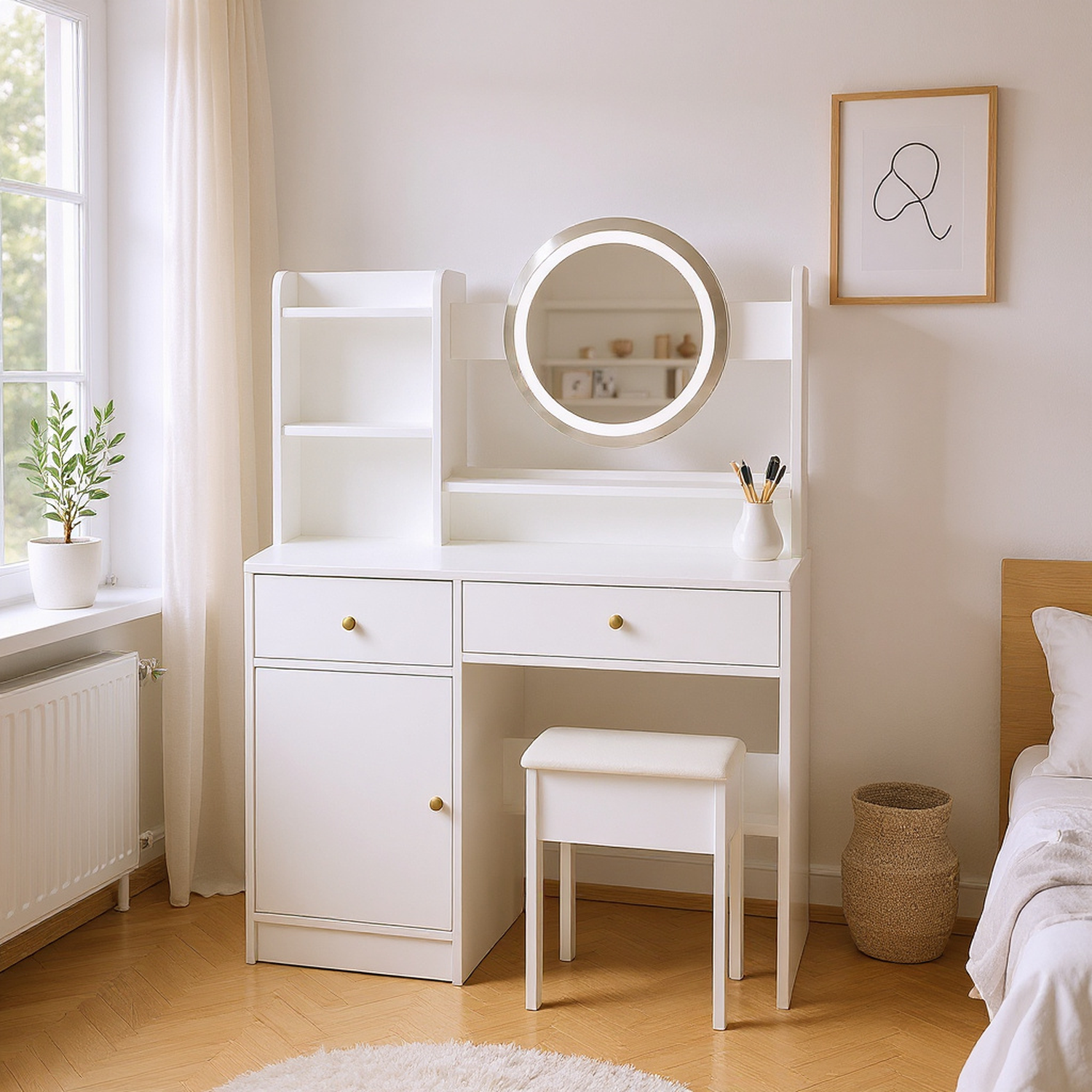 Fashion Vanity Desk with Mirror and Lights for Makeup and Cushioned Chair, Vanity Mirror with Lights and Table Set with 3 Color Lighting Brightness Adjustable,Dressing table, White Color