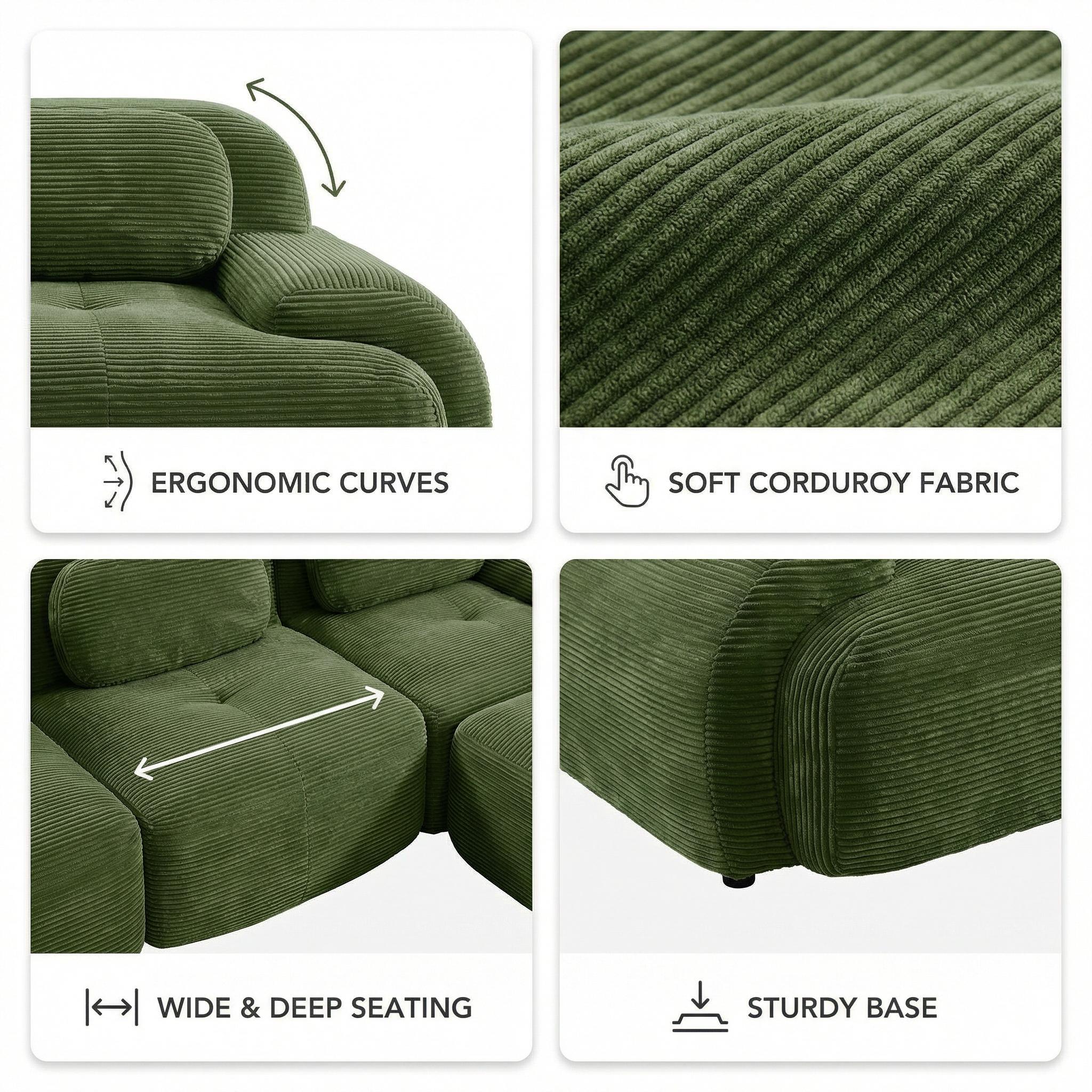 L-Shaped Modular Sofa, No Assembly, Ergonomic Design, Corduroy Fabric, Extra-Wide Armrests, Living Room/Bedroom, Olive Green