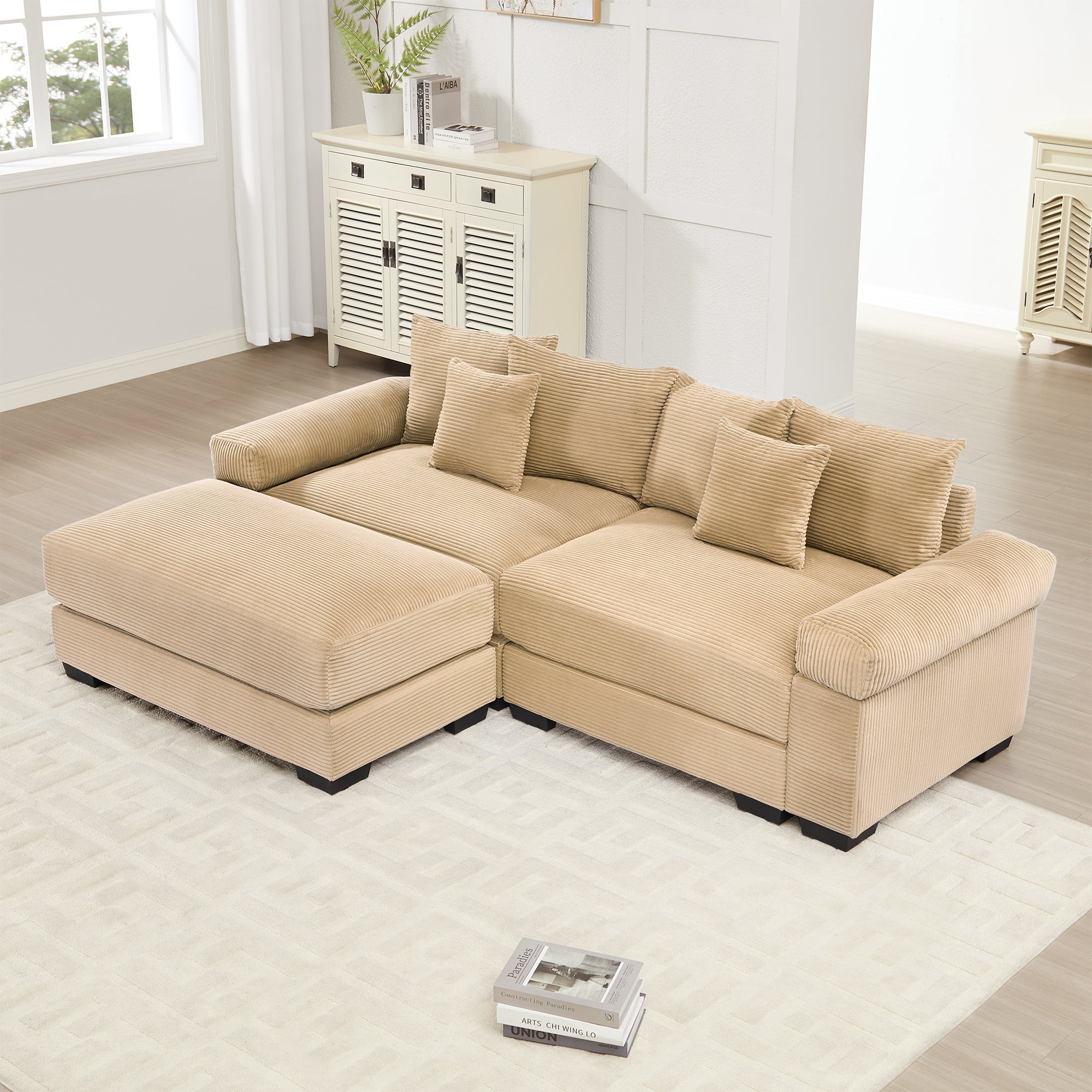 Albany 92" Modular Corduroy Cloud L-Shaped Sectional Sofa with Ottoman
