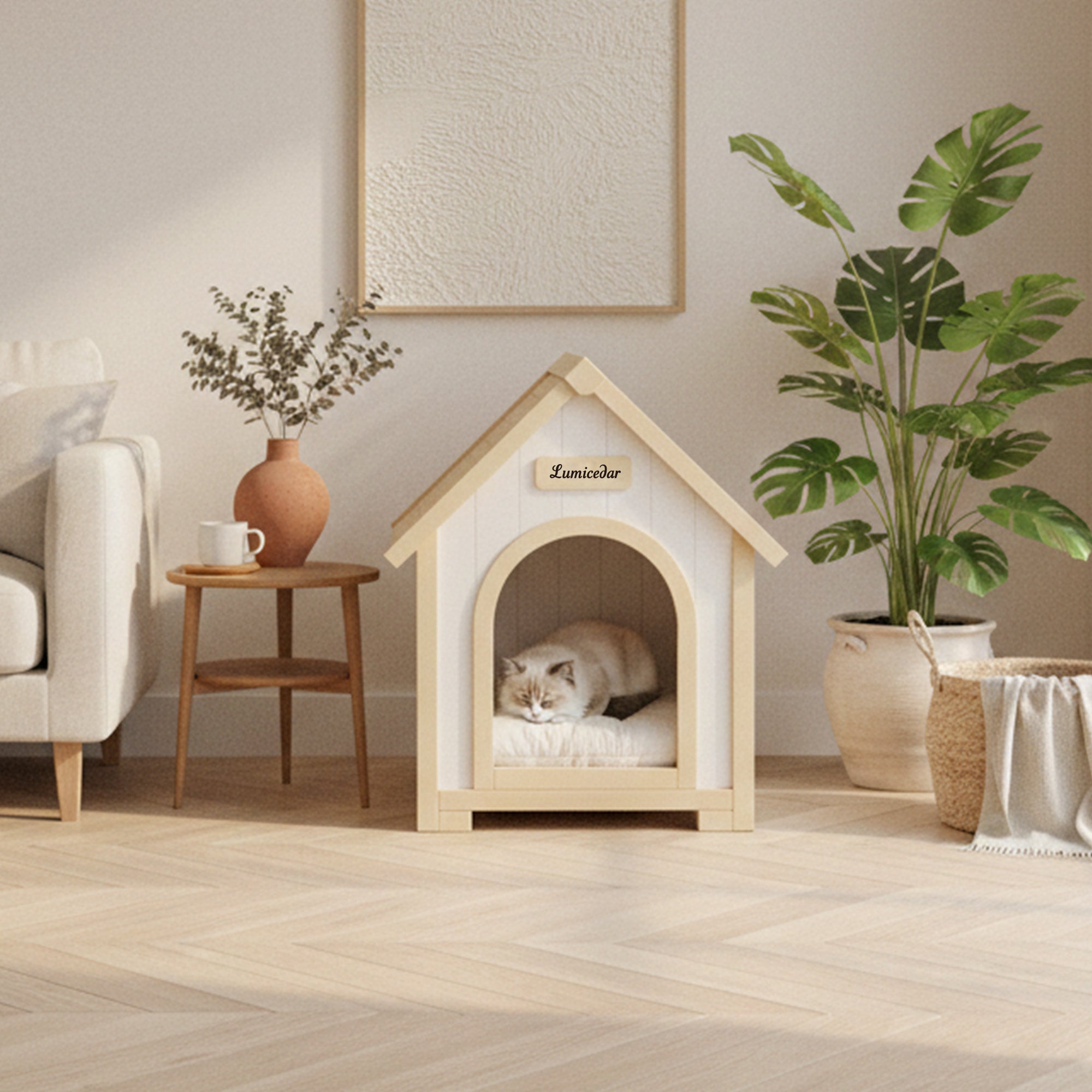 Homy Casa FSC Solid Cedar Pet House, 23.6" x 21.7" x 27.6", Indoor Cabin Shelter for Small Dogs & Cats, Cream Yellow
