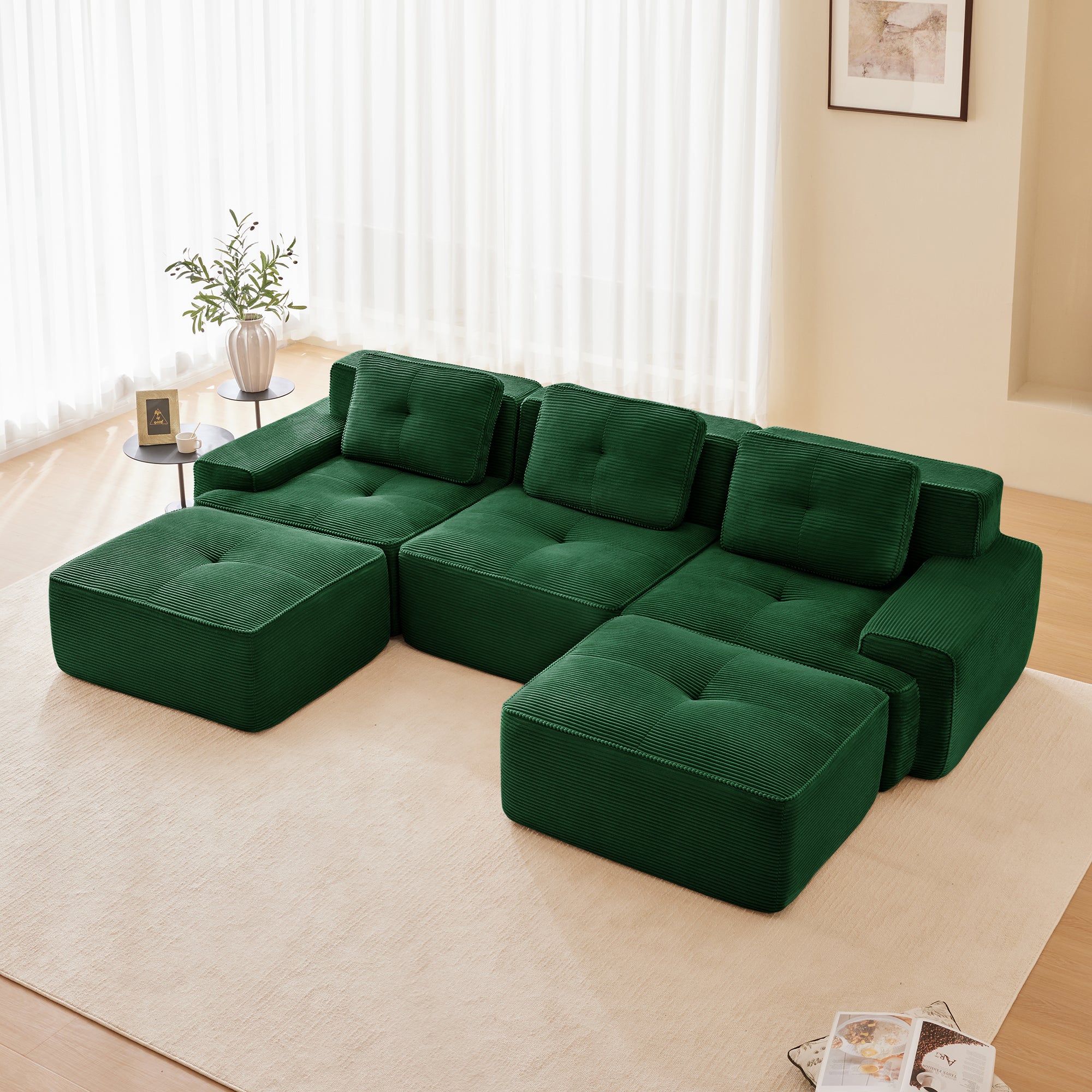Racine 117" Modular Corduroy Fabric U-Shaped Sectional Sofa with Deep Seat and Movable Ottoman